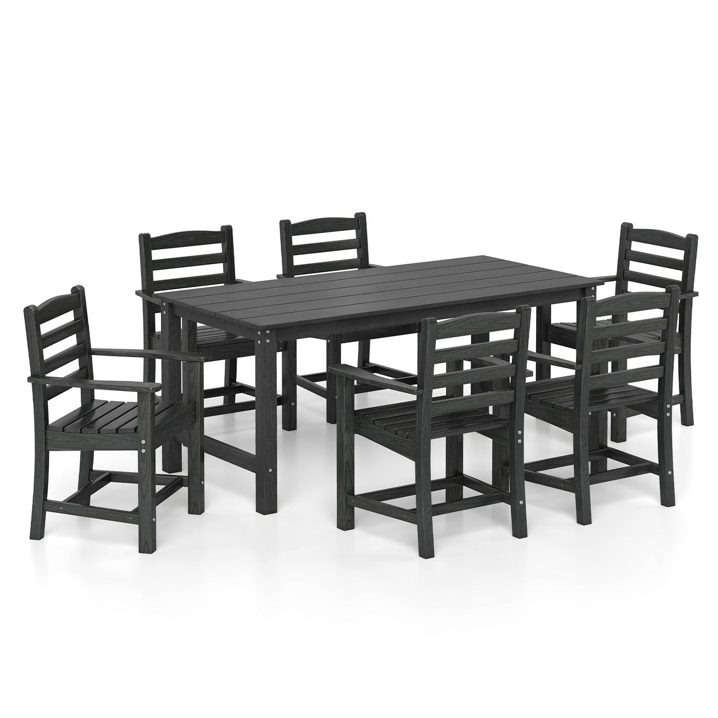 7 Pieces Outdoor Dining Table Set for 6 People 67” HDPE Patio Rectangle Table and 6 Armchairs-Black
