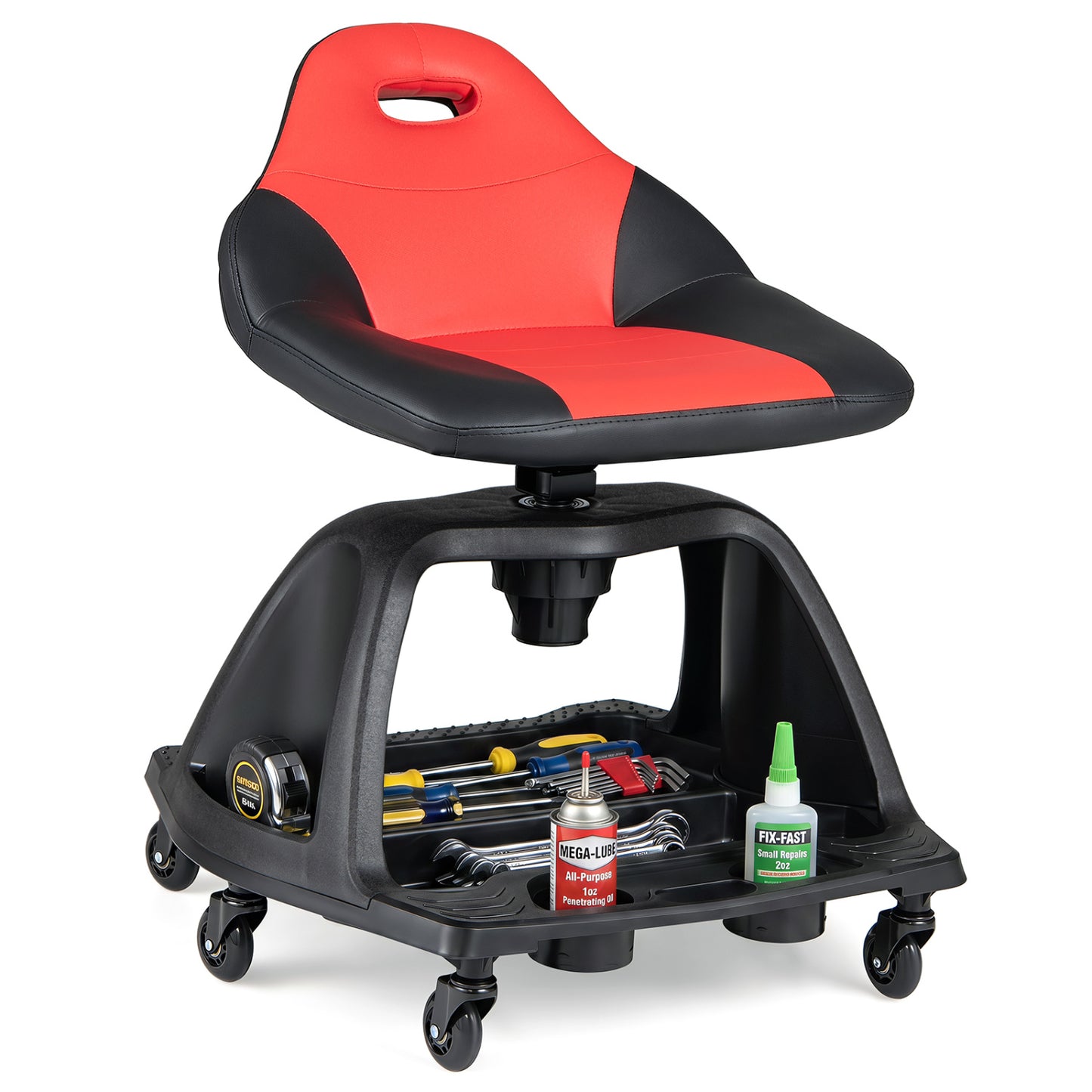 330 LBS Capacity Garage Mechanic Stool Seat with Backrest 6 Universal Wheels and Tool Tray Storage-Red