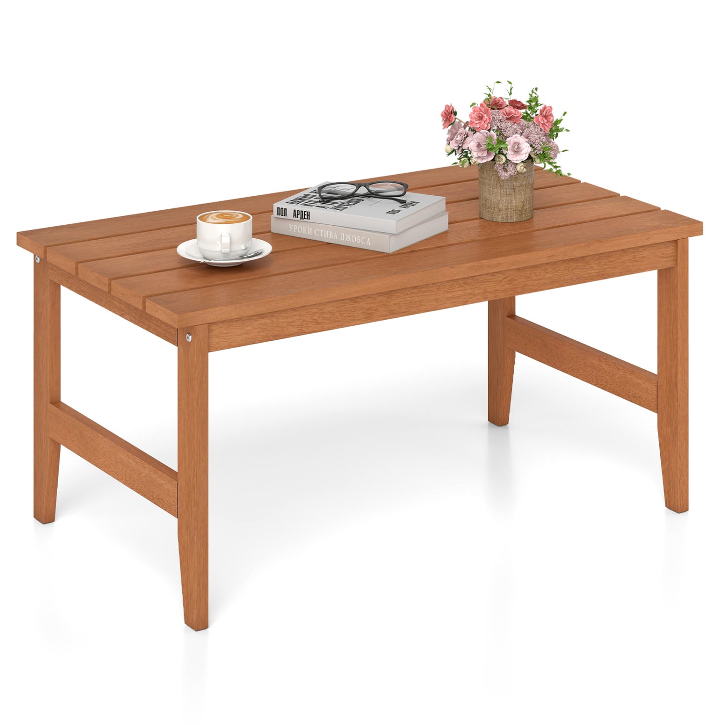 35.5" Solid Wood Outdoor Coffee Table with Rectangular Slatted Top and Teak Finish