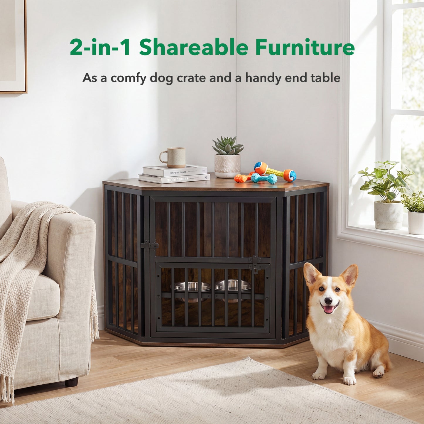 Wooden dog kennel end table with 3-position dog bowl rack, 35.5 inches tall, made of oak, designed for pets and dog supplies.
