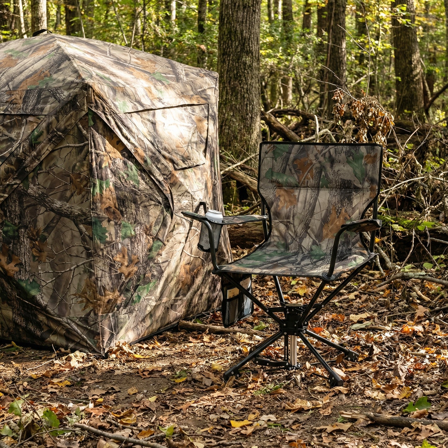 360° Swivel Hunting Chair Portable Foldable with Mesh Cup Holder and Storage Pockets-Green
