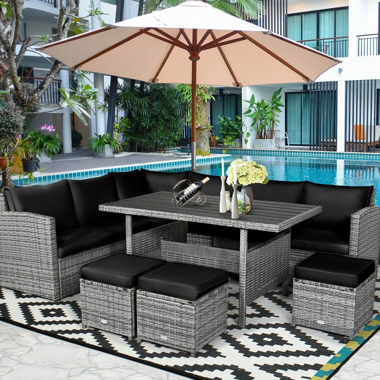 7 Pcs All-Weather Patio Rattan Dining Furniture Sectional Sofa Set with Wicker Ottoman and Cushed Couch-Off White