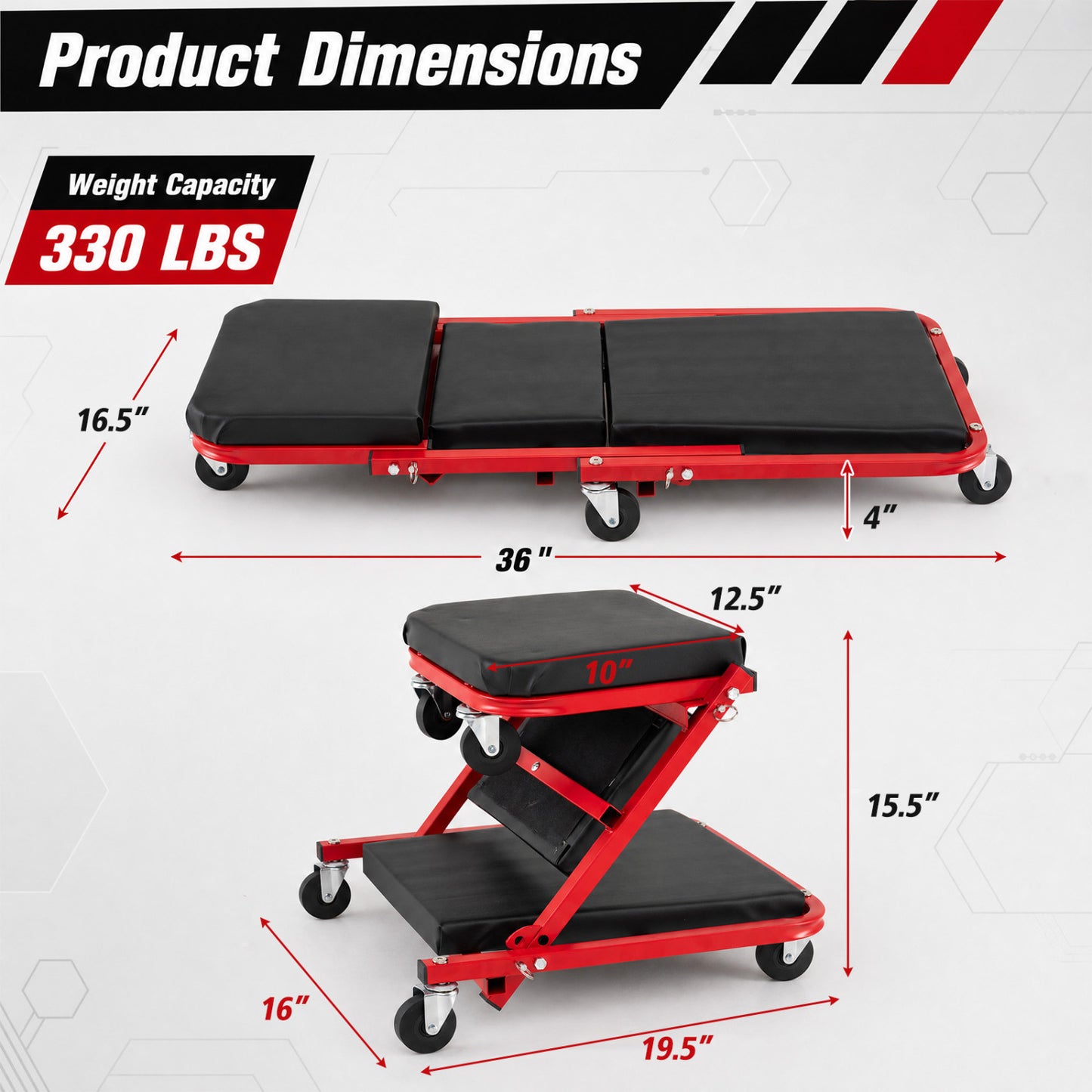 36" 3-in-1 Folding Mechanic Creeper Under Car Roller Creeper-Red