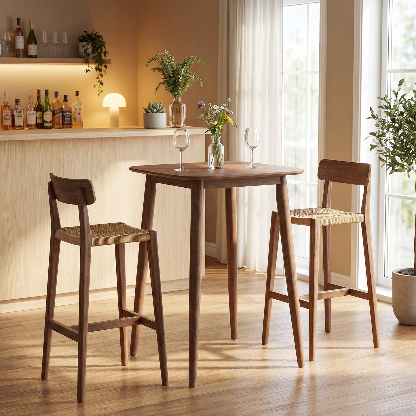 36 Inch Counter Height Bar Table Wooden High Top Pub Table with Solid Rubber Wood Legs-Walnut