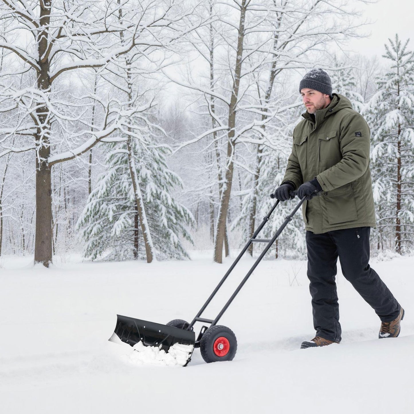 36 Inches Snow Shovel with Wheels and Adjustable Angle-Black
