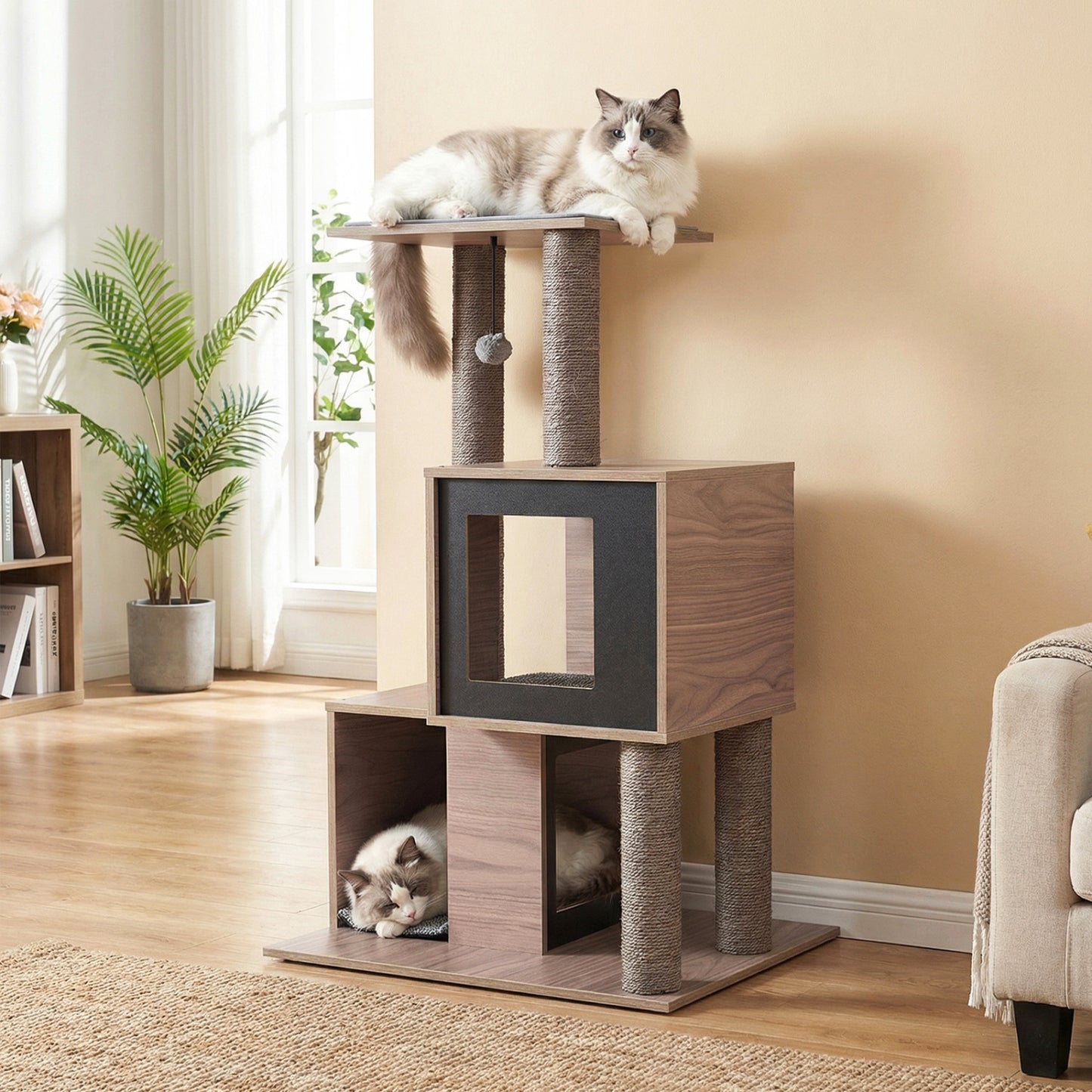 37 Inch Multi-Level Wooden Cat Tower with Condos and Perch-Gray