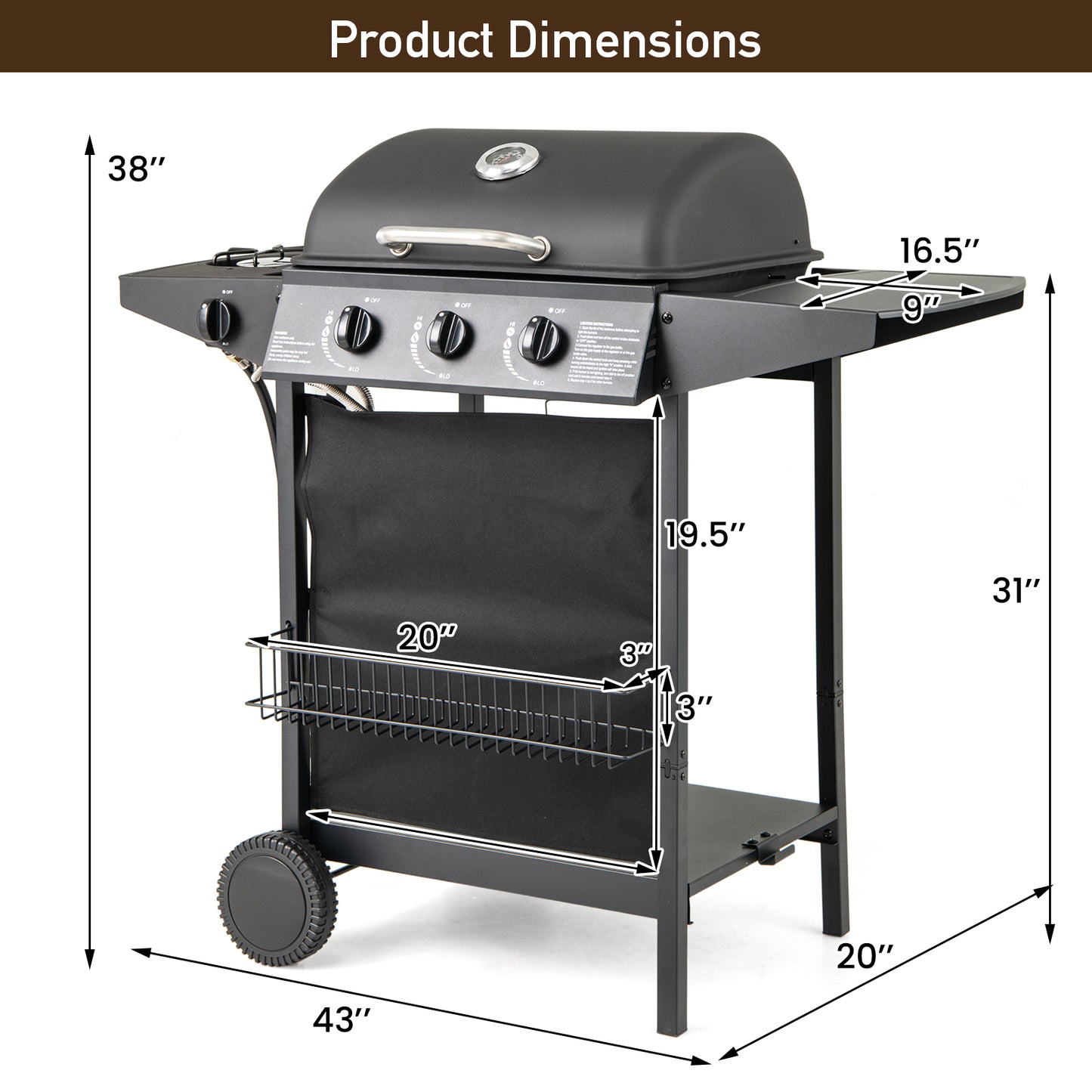 39 000 BTU Outdoor Burner Propane Gas Grill on Wheels-Black