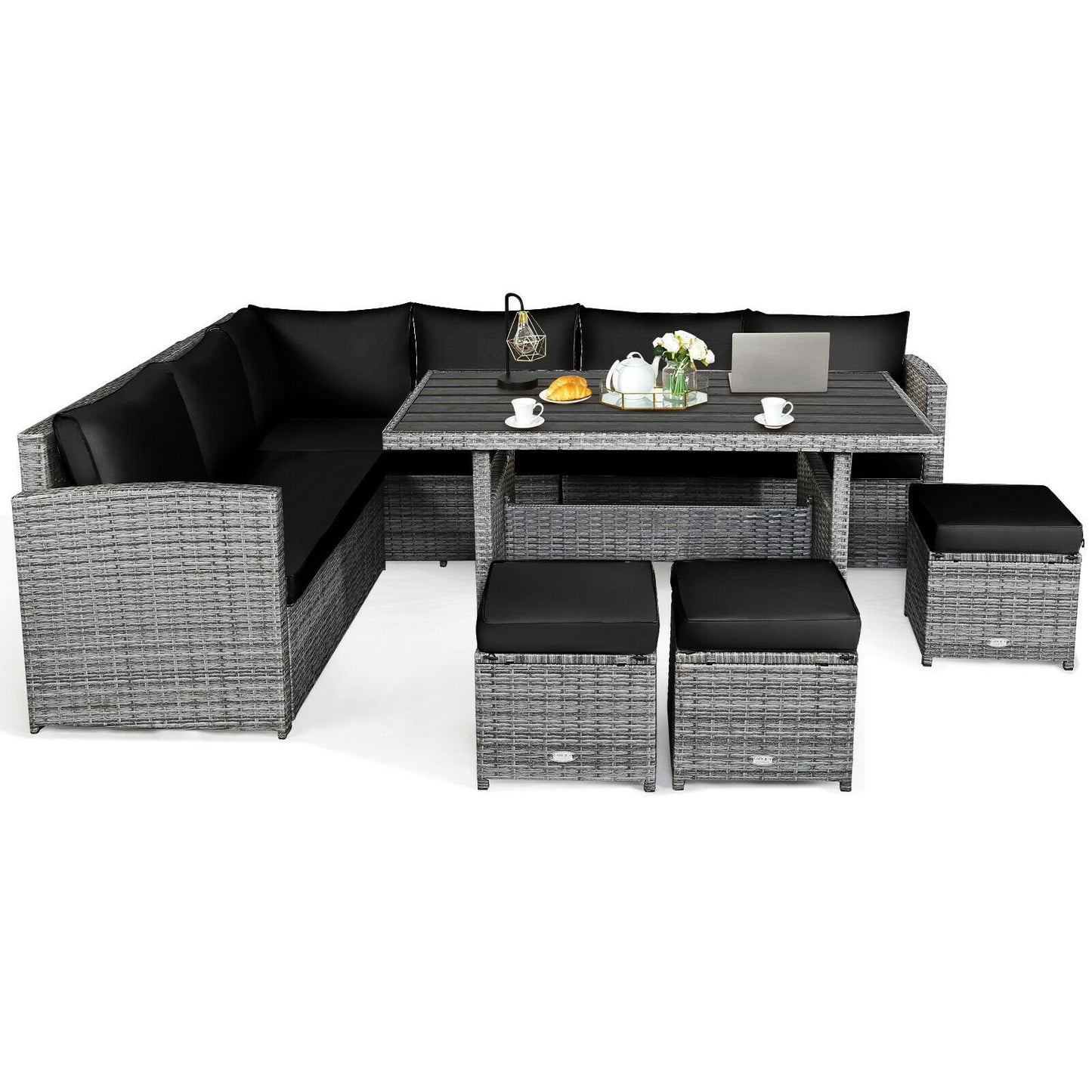 7 Pcs All-Weather Patio Rattan Dining Furniture Sectional Sofa Set with Wicker Ottoman and Cushed Couch-Off White