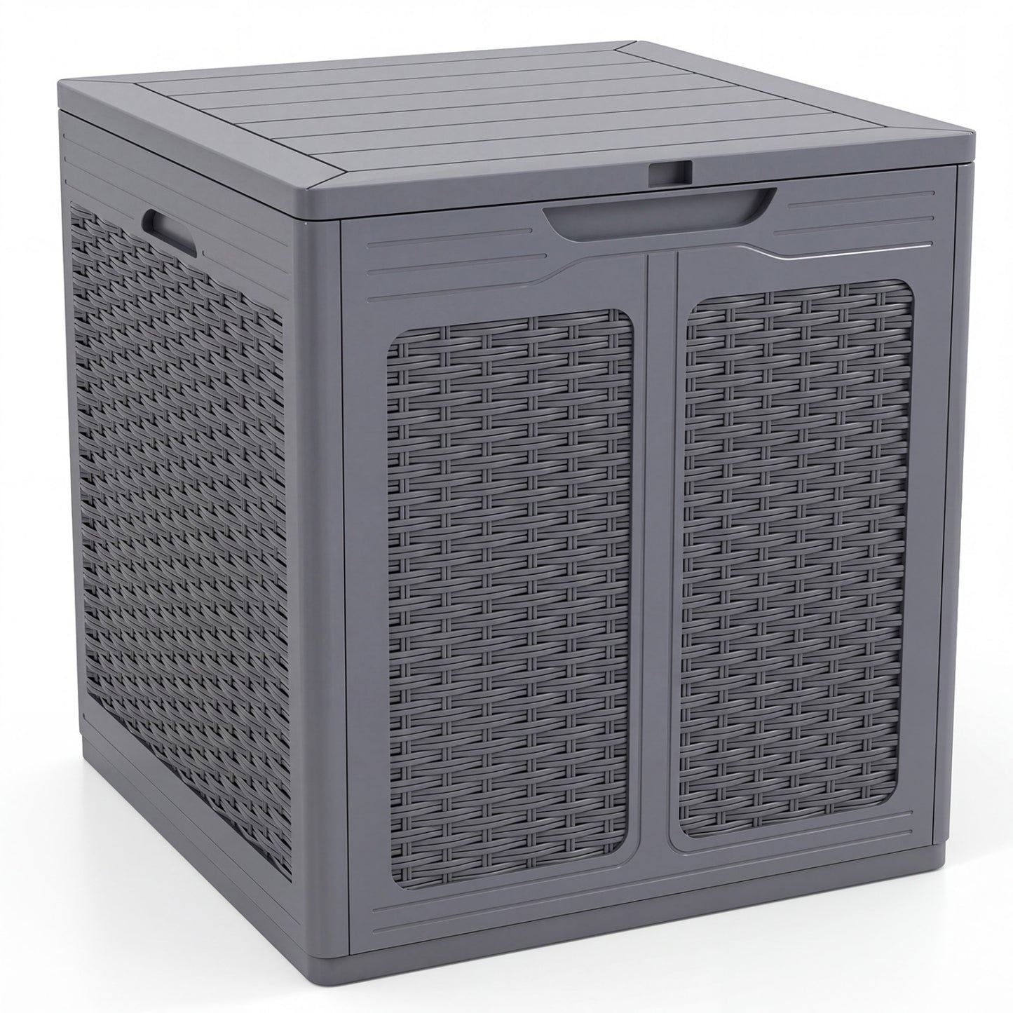 Gray 39-gallon deck box with lockable lid for patio furniture cushions, outdoor storage solution by Direct.