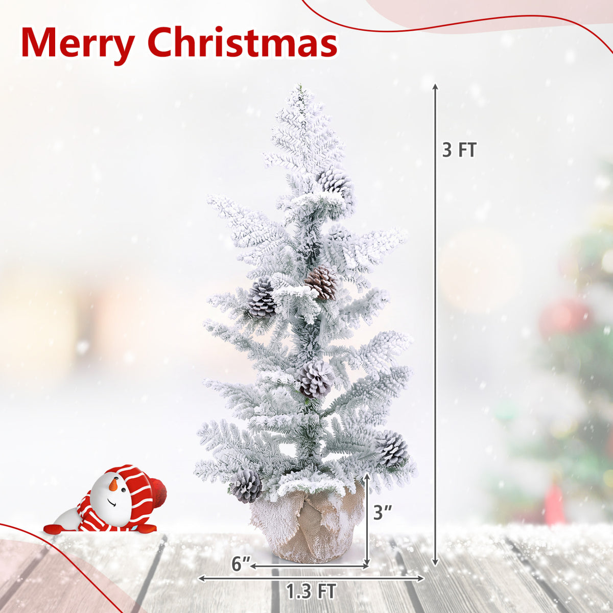 3FT Mini Tabletop Christmas Tree with Snow Flocked Palm-Shaped PE Leaves