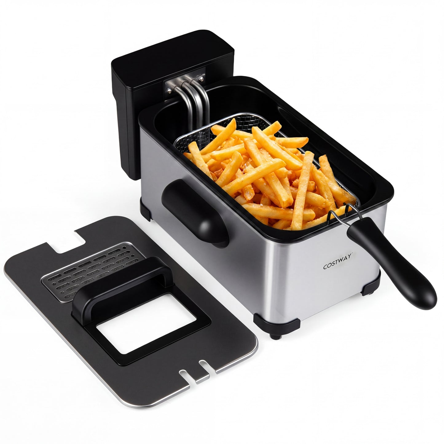 Black 3.2-quart electric deep fryer with 1700W LED touch screen and enamel oil tank, ideal for home kitchen use