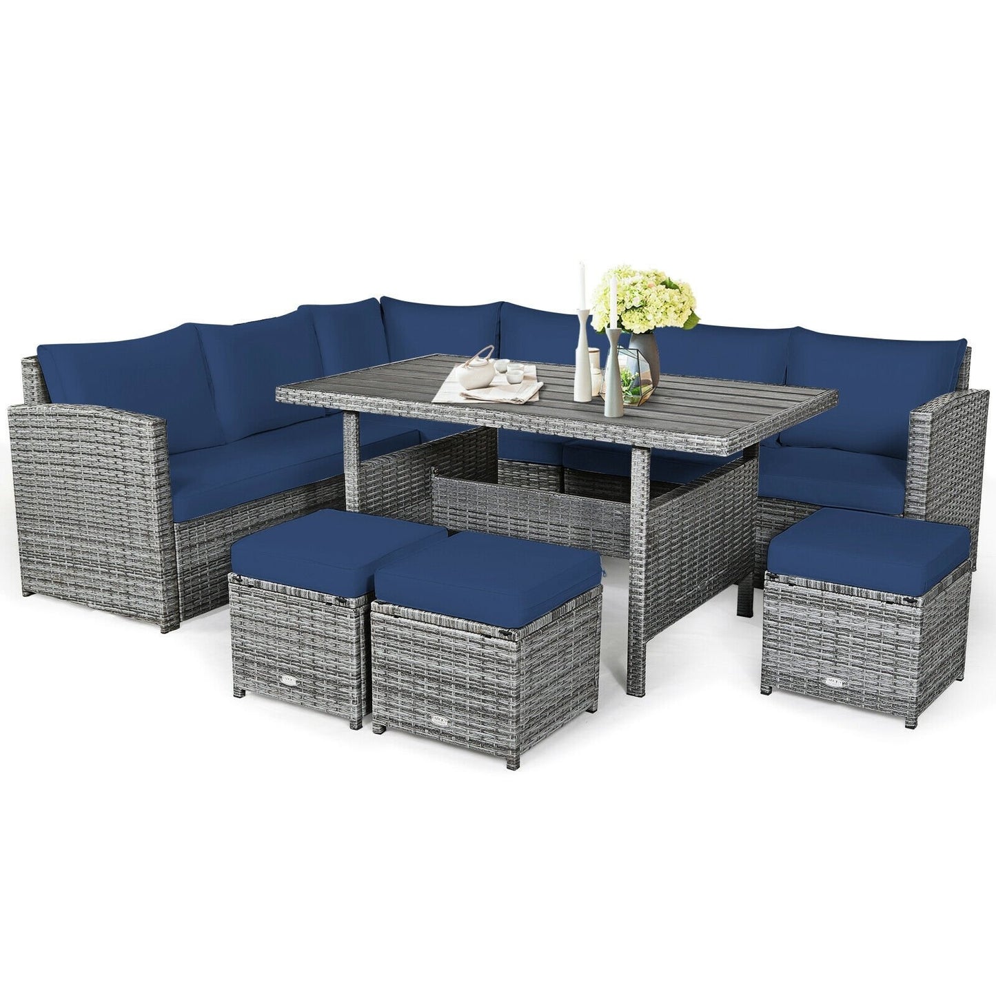 7 Pcs All-Weather Patio Rattan Dining Furniture Sectional Sofa Set with Wicker Ottoman and Cushed Couch-Off White