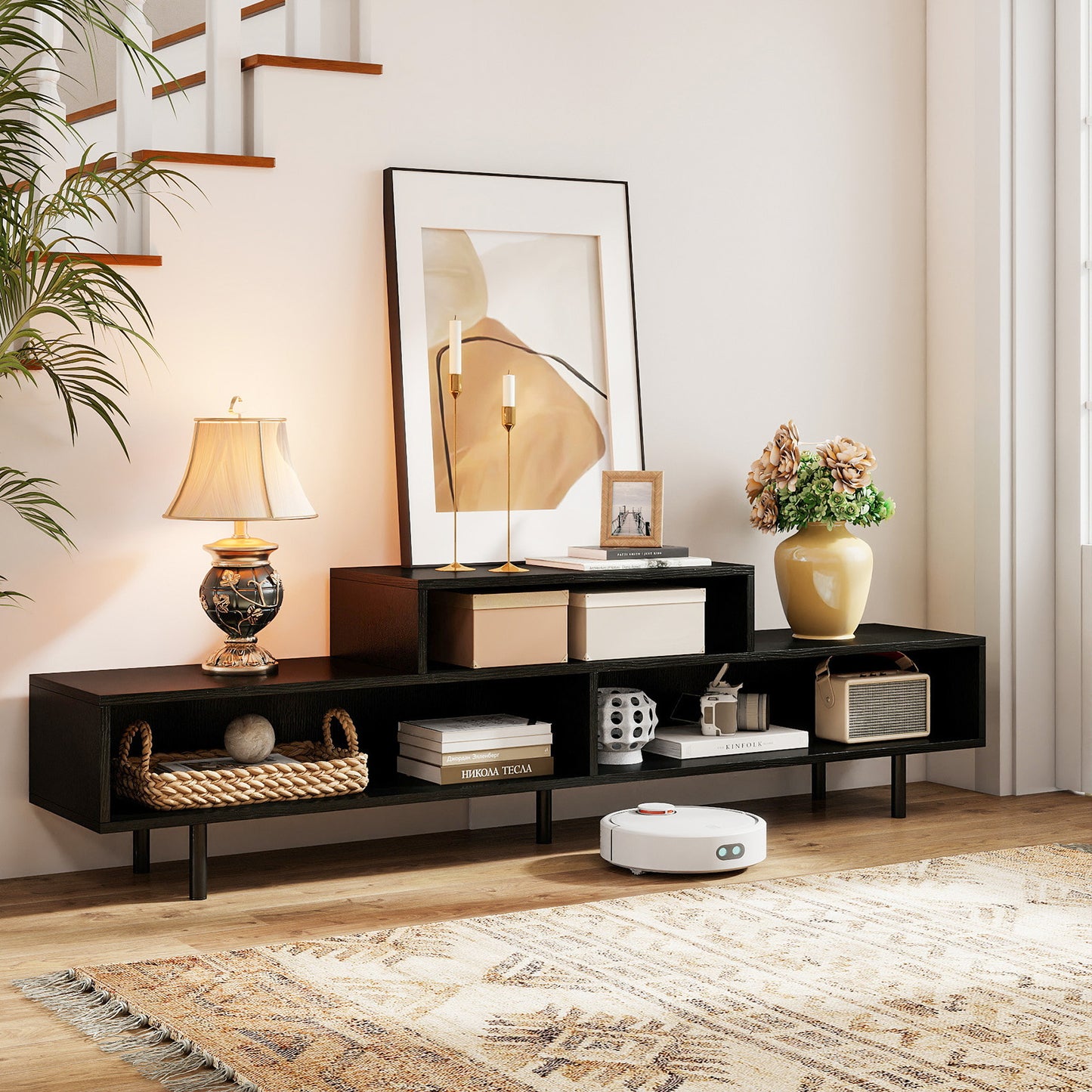 3 Cubby TV Stand for TVs up to 70 Inch Entertainment Center with Open Storage Compartments-Black