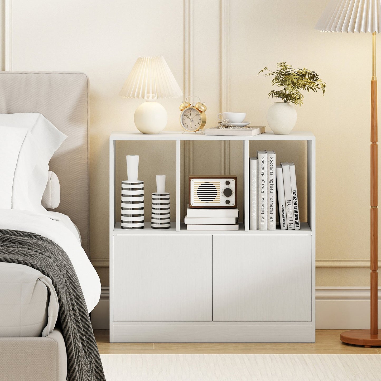 3-Cube Bookcase with Doors 3-Tier Cubic Bookshelf with Open Compartments and Cabinet-White