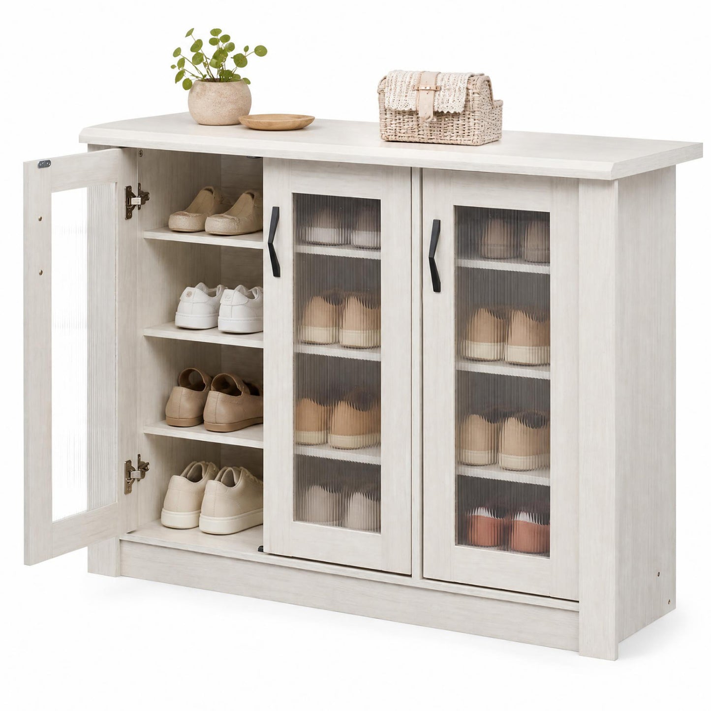 3-Door Shoe Cabinet with Removable Shelves Wooden Shoe Storage Organizer-White