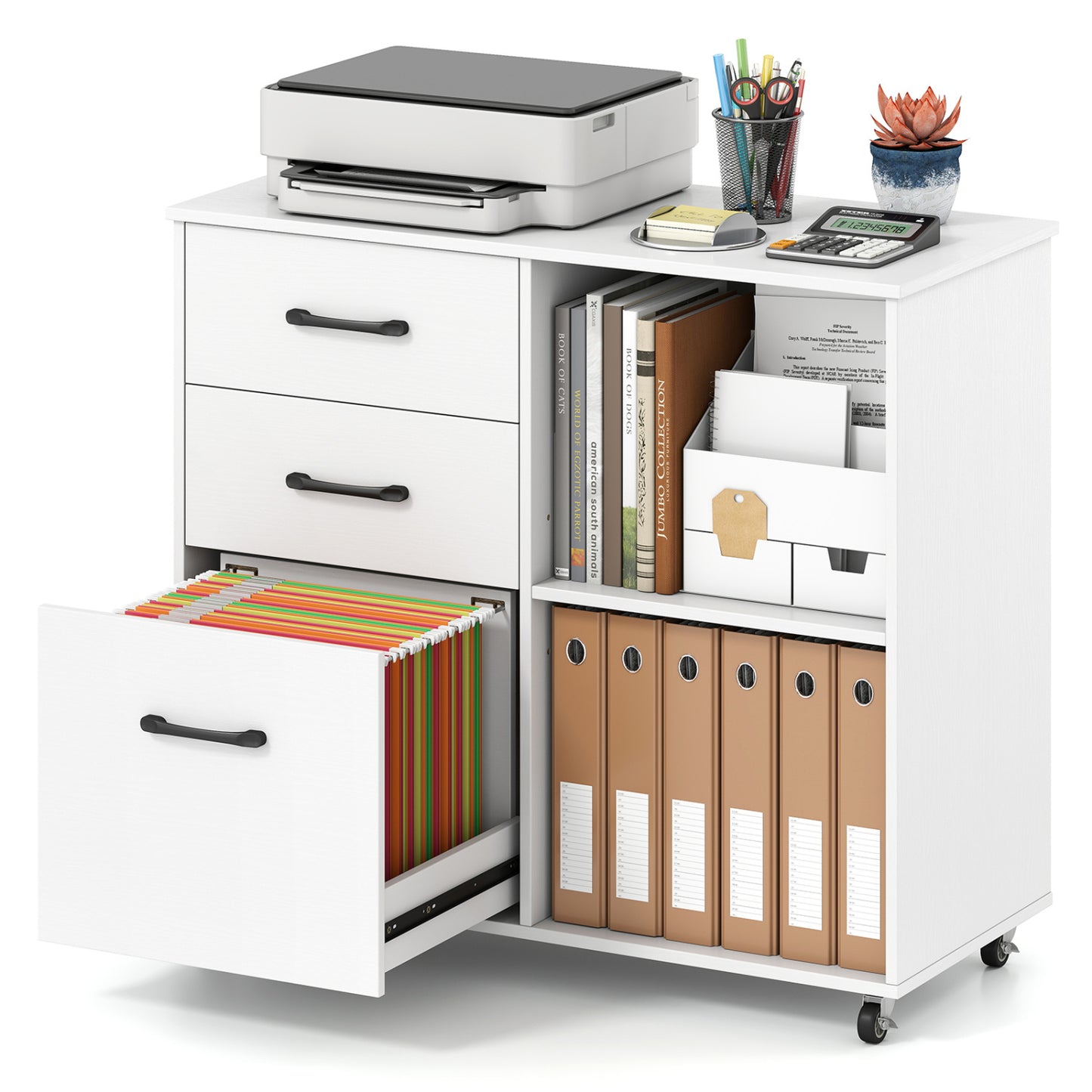 3-Drawer Mobile File Cabinet with Open Storage Shelves and Wheels for Letter A4 Size-White