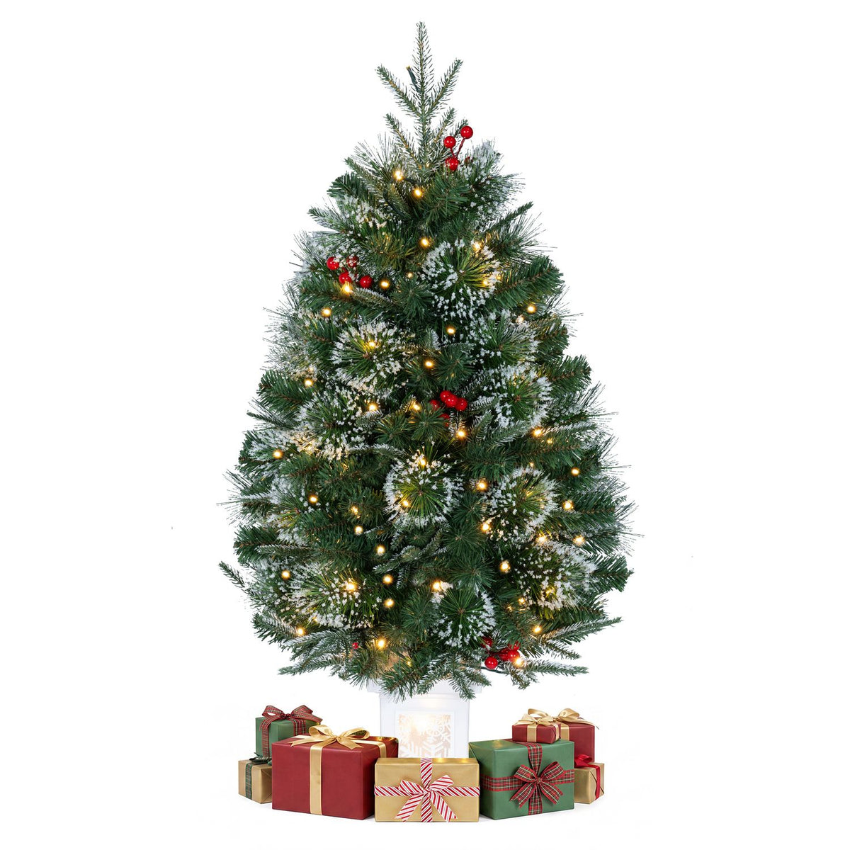 3 FT Pre-Lit Potted Christmas Tree Set of 1 with 80 Warm White LED Lights and 8 Modes