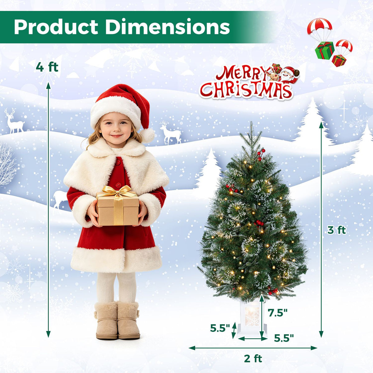 3 FT Pre-Lit Potted Christmas Tree Set of 2 with 80 Warm White LED Lights and 8 Modes