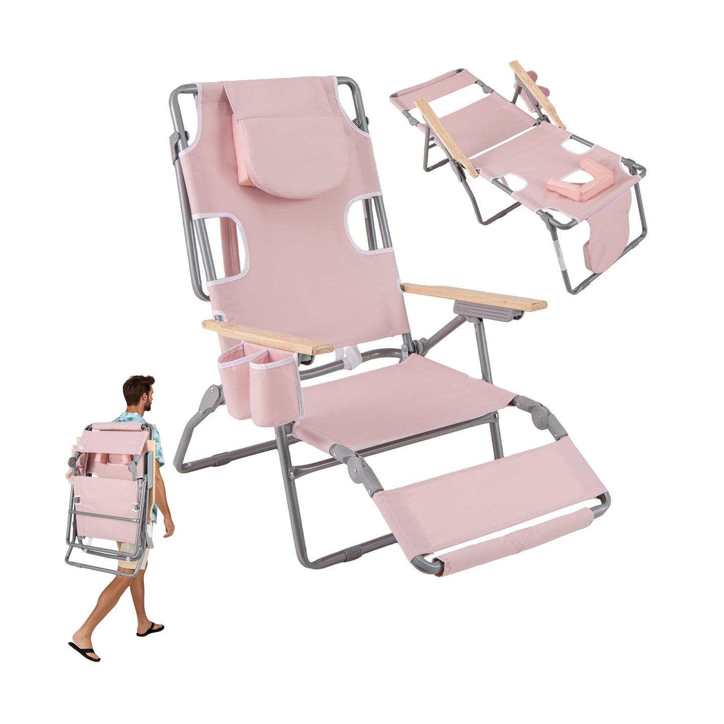 3-IN-1 Foldable Beach Chair with Footrest and Adjustable Backrest-Navy