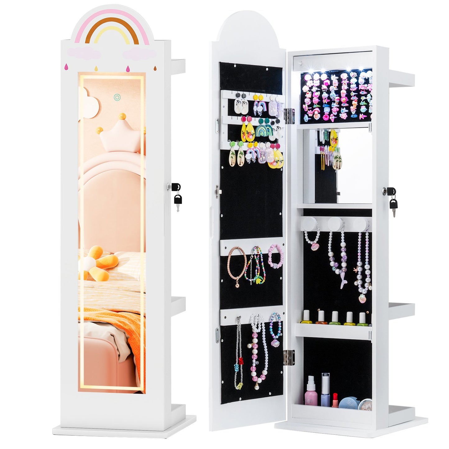 3 In 1 Kids Jewelry Cabinet Freestanding Jewelry Armoire with 3-Color Lighted Mirror-Pink
