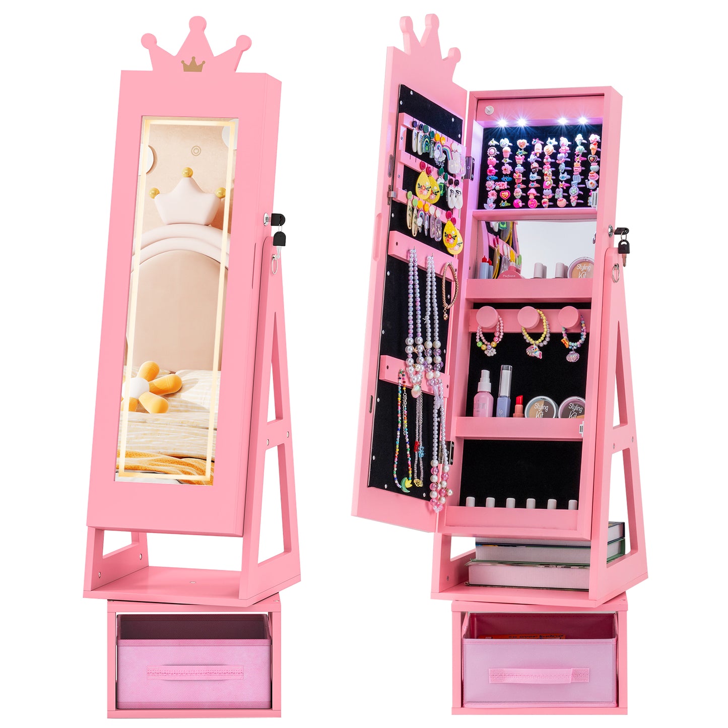 3 In 1 Kids Jewelry Cabinet with 3-Color Lighted Full Length Mirror-Pink