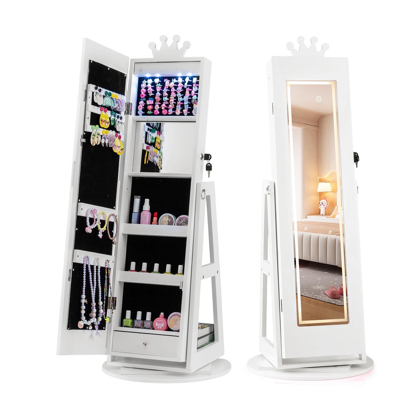 3 In 1 Kids Jewelry Cabinet with 3-Color Lighted Full Length Mirror and Internal Mirror-Pink