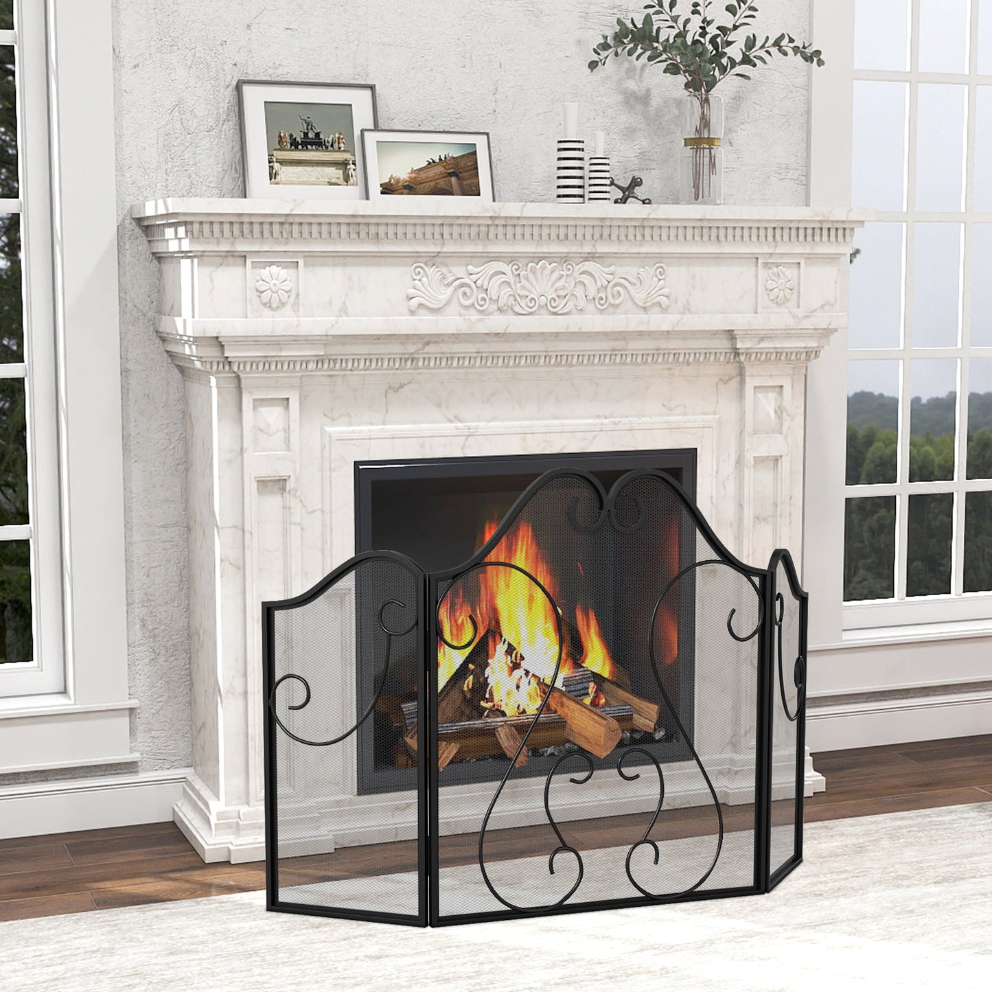 3 Panel Fireplace Screen Foldable Spark Guard Cover with Decorative Scroll