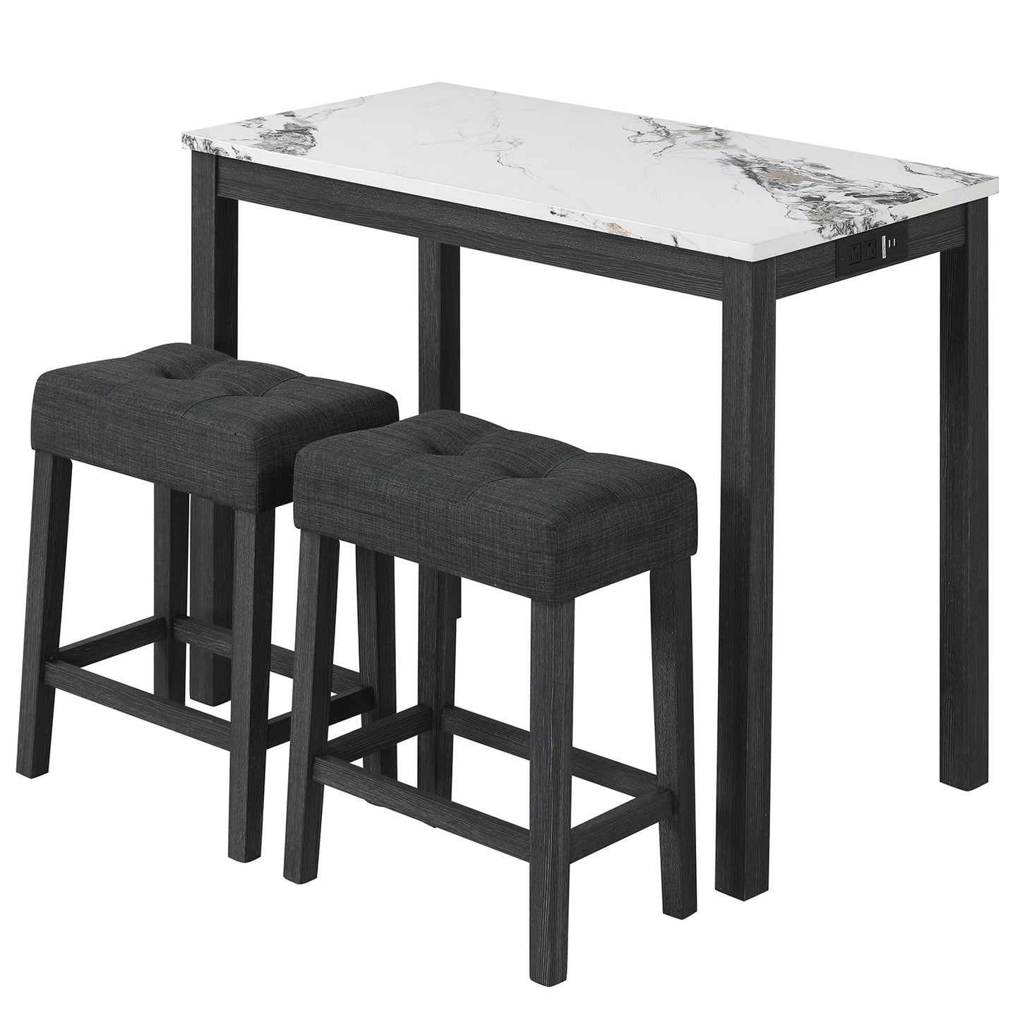 3-Piece Bar Table Set with Charging Station with Faux Marble Top-GR