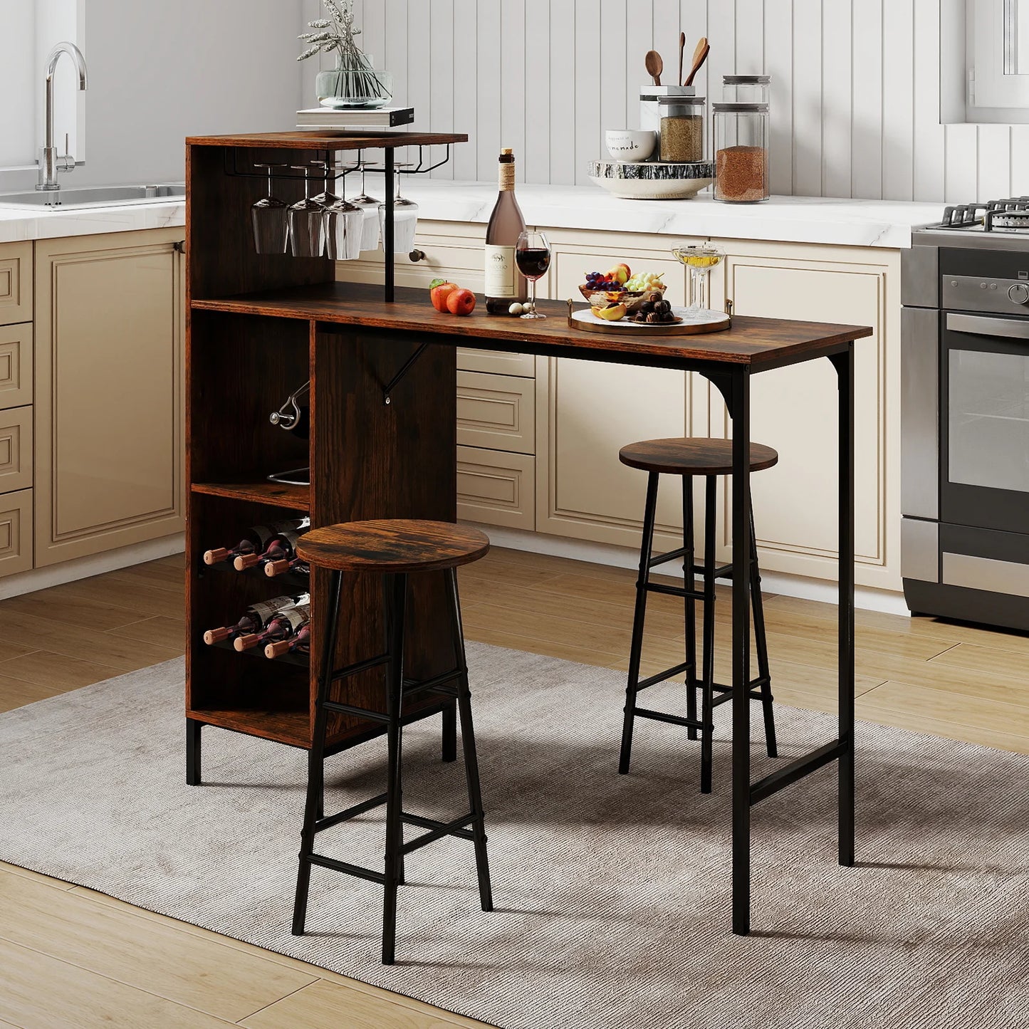 3 Piece Bar Table and Chairs Set with 6-Bottle Wine Rack-Oak