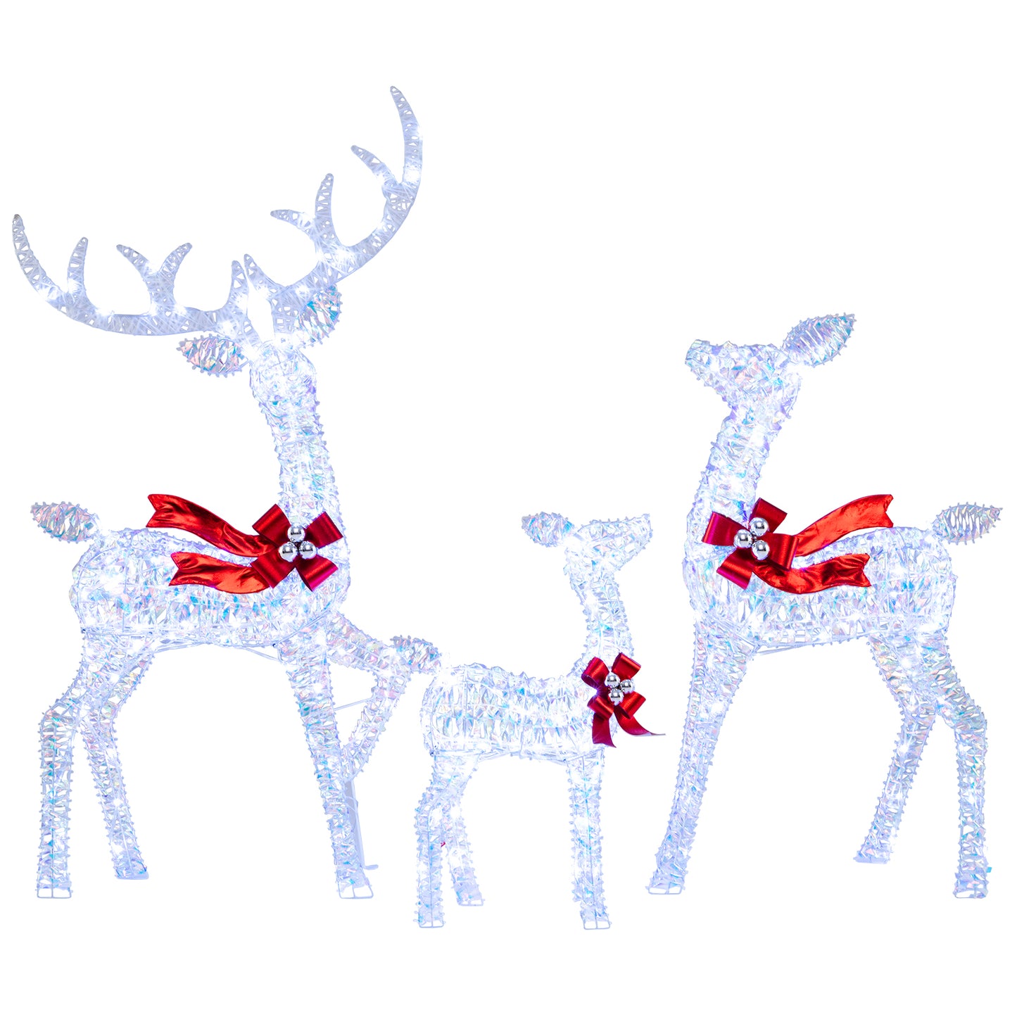 3-Piece Christmas Lighted Iridescent Reindeer Family Set with 215 Cold White LED Lights and Ground Stakes
