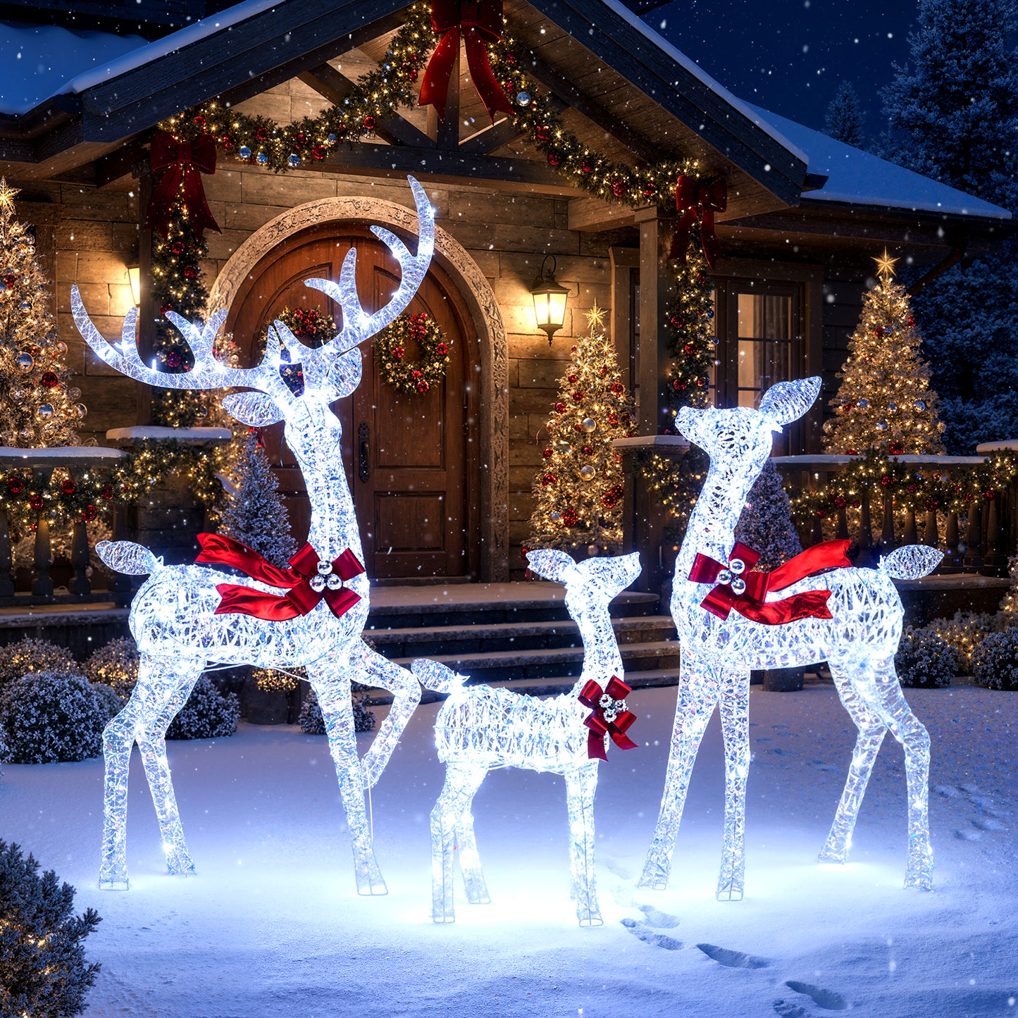 3-Piece Christmas Lighted Iridescent Reindeer Family Set with 215 Cold White LED Lights and Ground Stakes