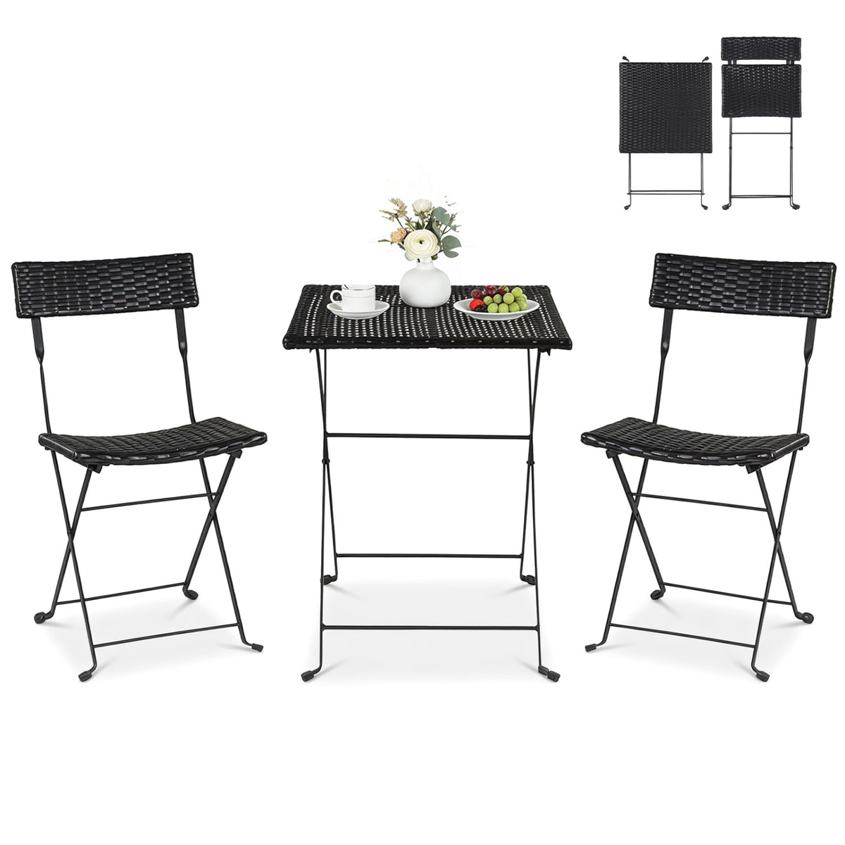 Black 3-piece folding bistro set with PE wicker and X-shaped metal frame, outdoor patio dining furniture.
