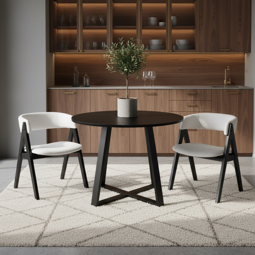 3-Piece Mid-Century Dining Set with 36” Round Pedestal Table and 2 Sherpa Upholstered Chairs