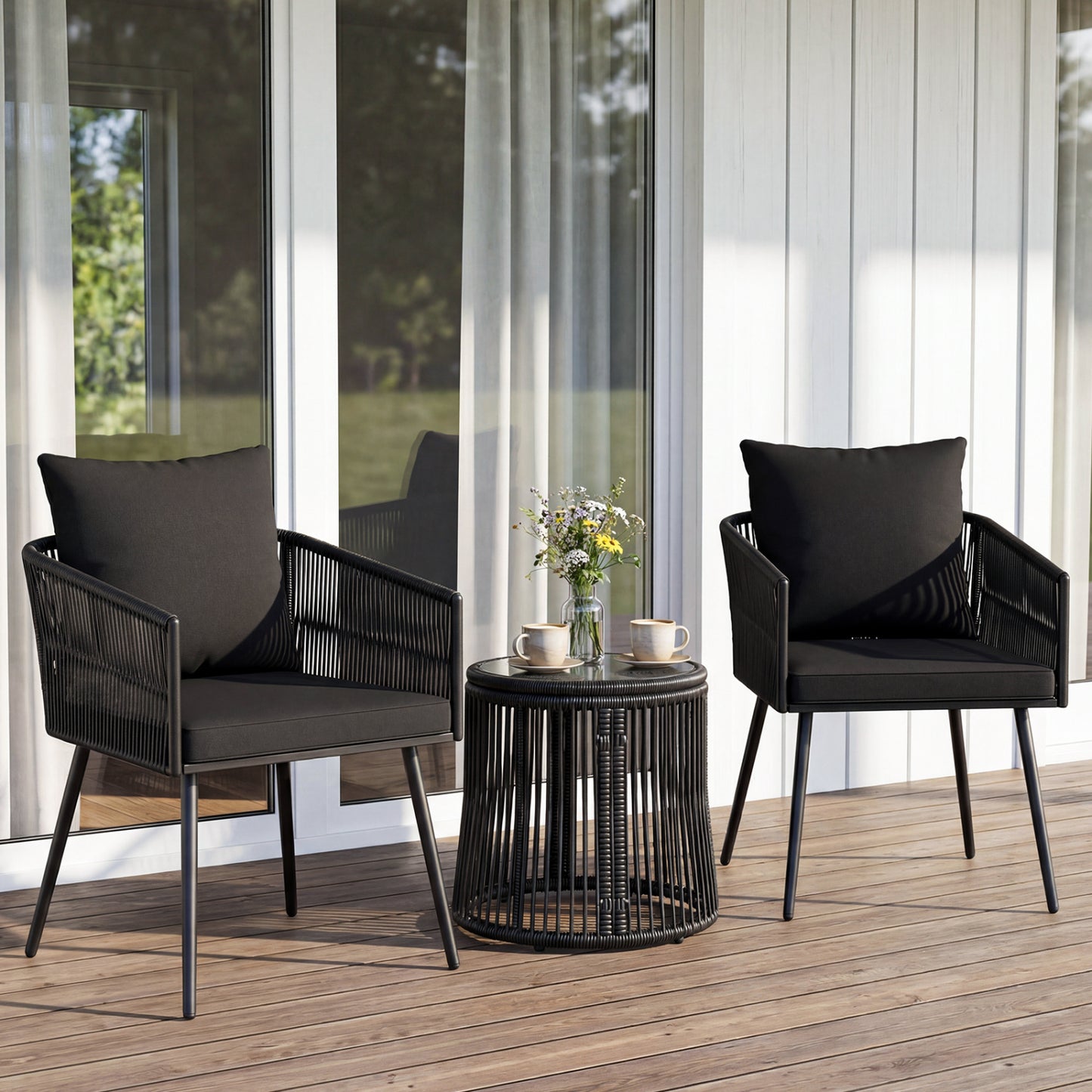 3-Piece Outdoor Furniture Set with Cushions for Porch Garden-Black