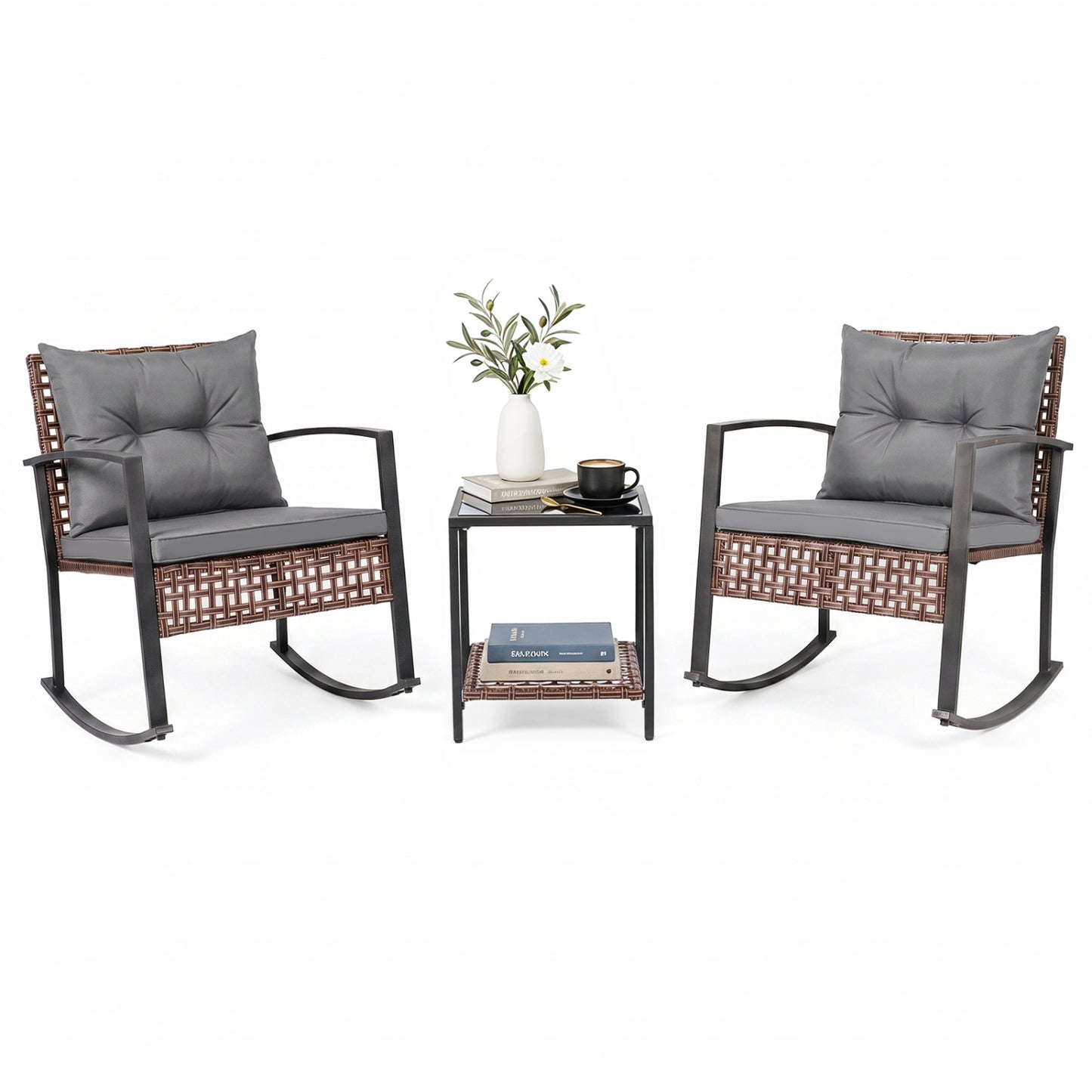 3-Piece Outdoor Rocking Chair Set-Gray