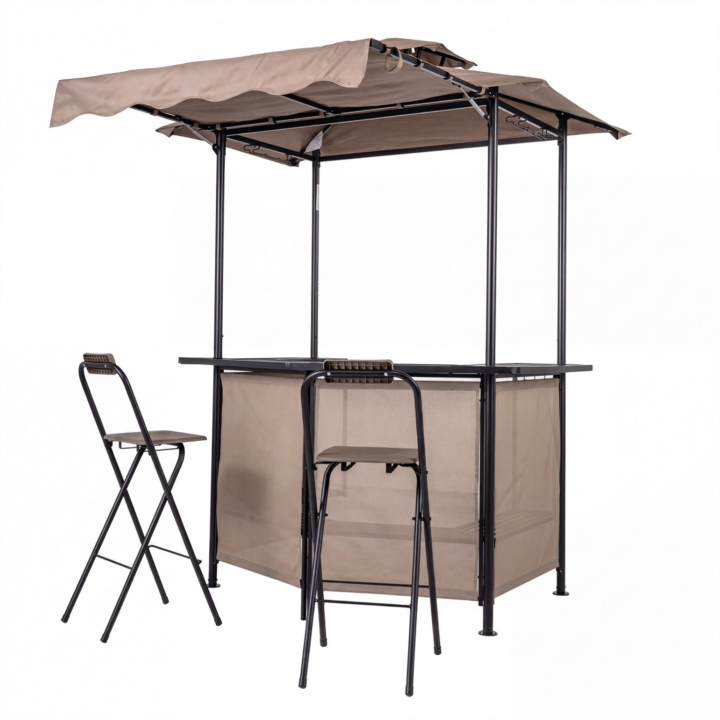 3-Piece Patio Bar Set Outdoor Grill Gazebo and 2 Folding Bar Stools-Black