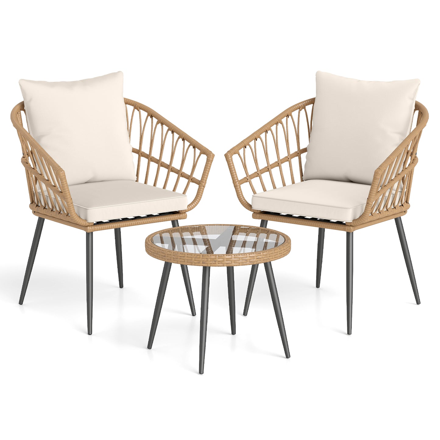 3 Piece Patio Bistro Set with PE Rattan Wicker Chairs and Tempered Glass Coffee Table-Natural