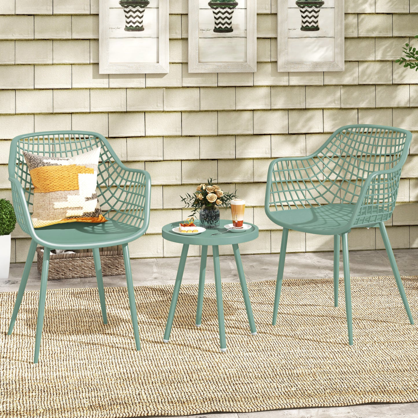3 Piece Patio Chair Set with PP Seat and Tabletop for Porch-Green