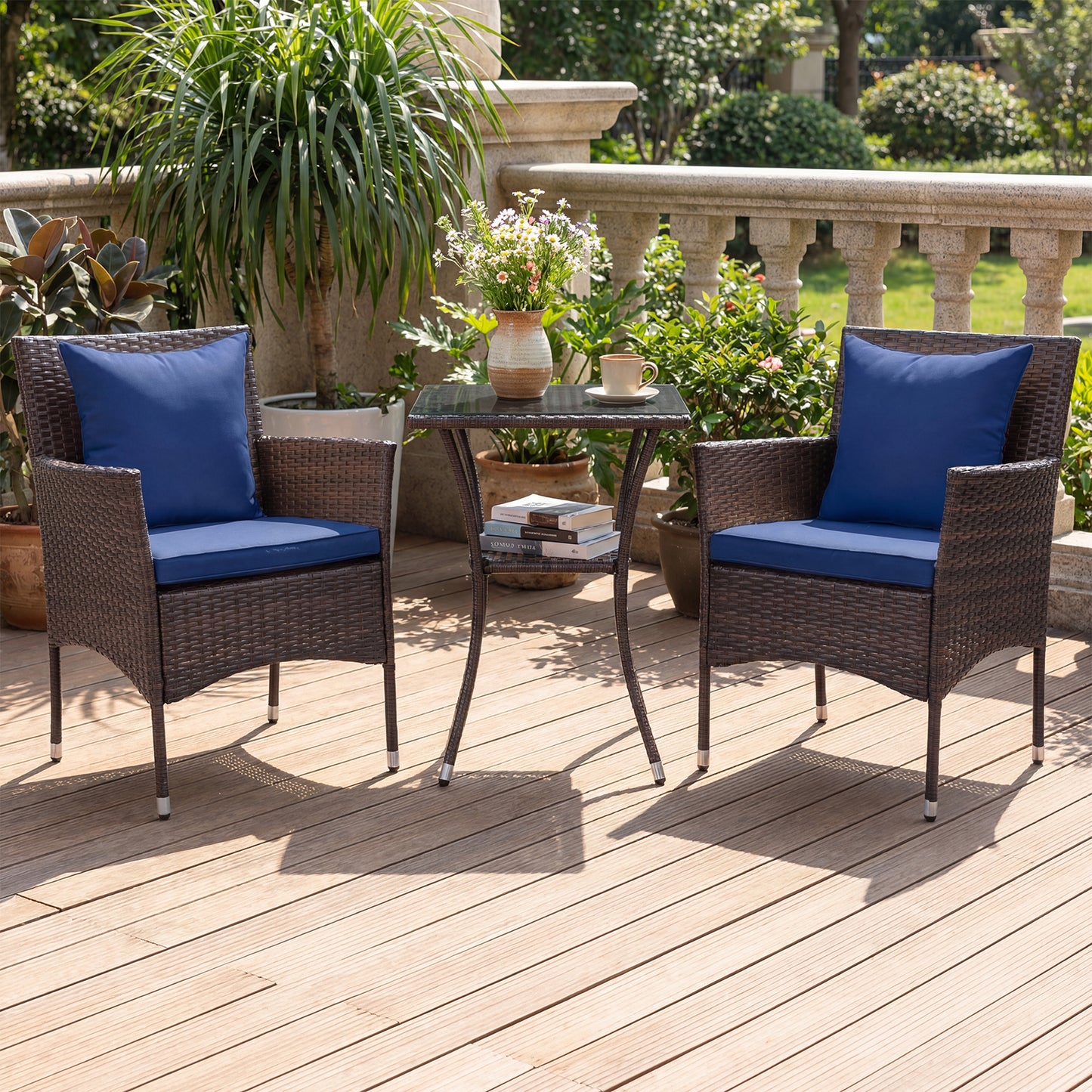 3 Pieces Patio Furniture Set with Cushioned Patio Chairs and Tempered Glass Coffee Table-Brown