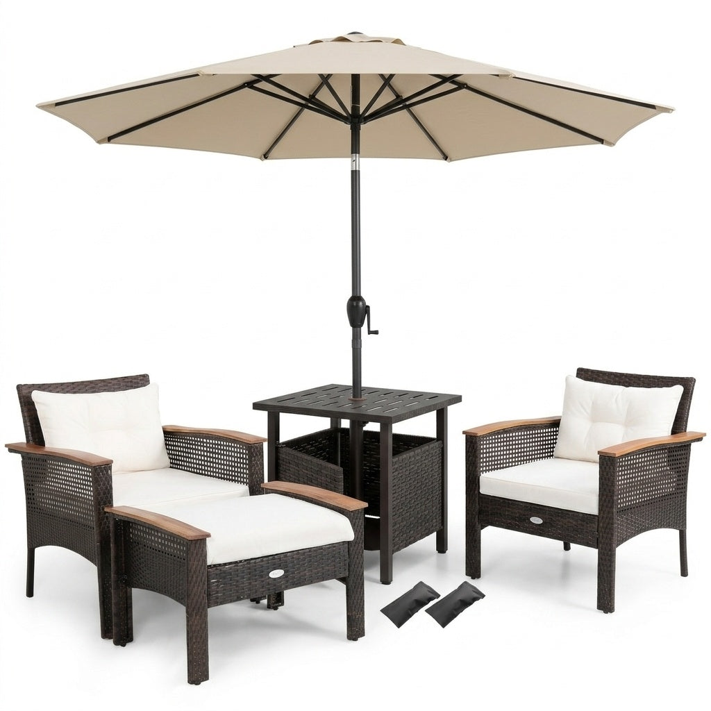 3-piece patio lounge bundle with PE rattan conversation set, wicker umbrella side table, and 7.5 ft tilt market umbrella for outdoor patio.