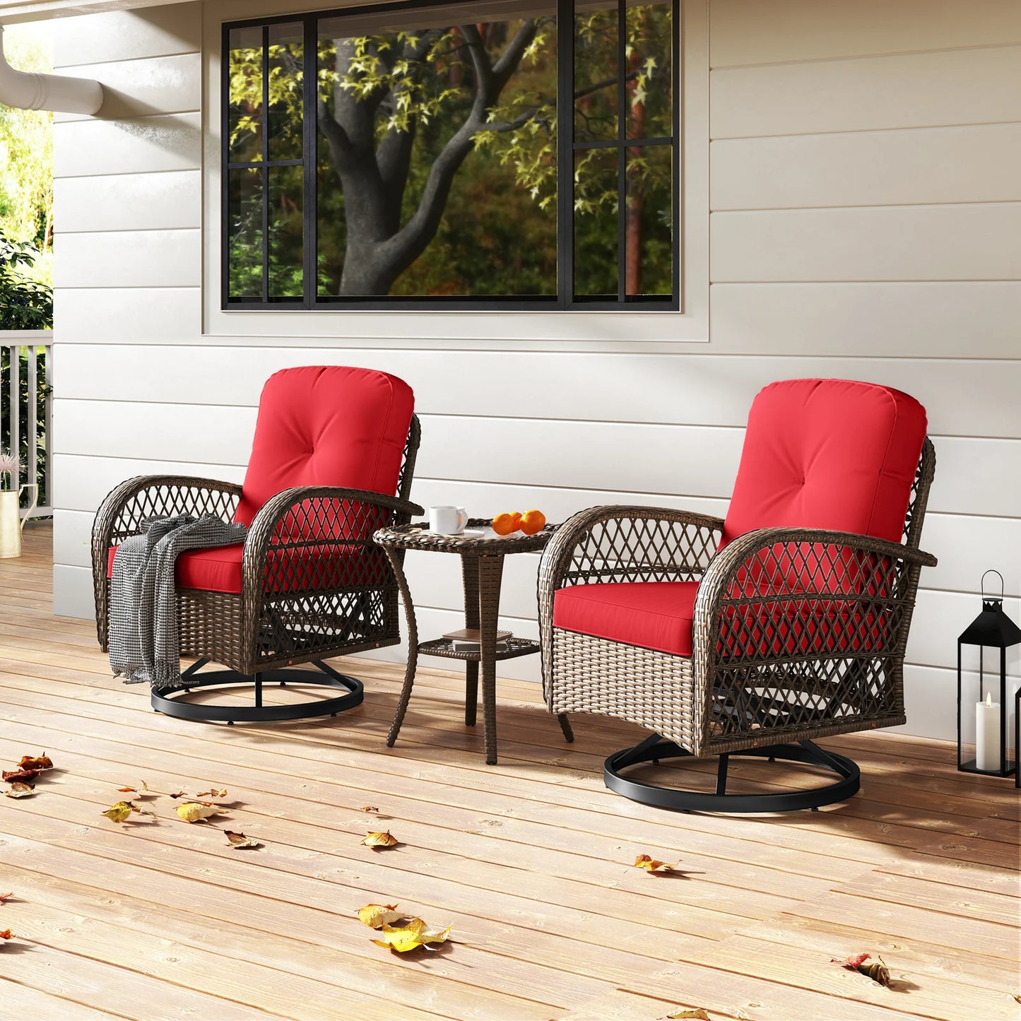 3 Piece Patio Swivel Rocker Set with Tempered Glass Side Table and Thick Cushions-Red
