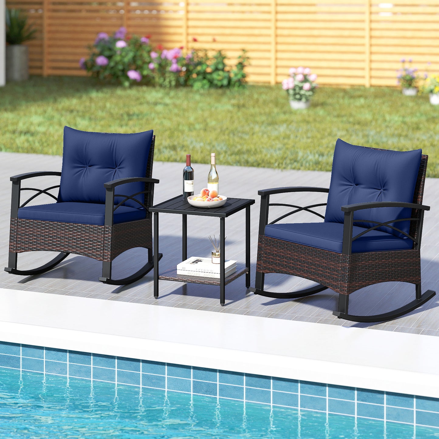 3 Piece Rocking Bistro Set PE Rattan Rocker Chairs with Acacia Wood Top Table-Black