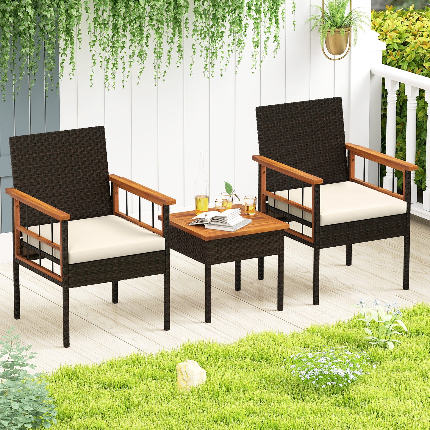 3 Piece Wicker Furniture Set with Acacia Wood Tabletop and Armrest for Balcony-White