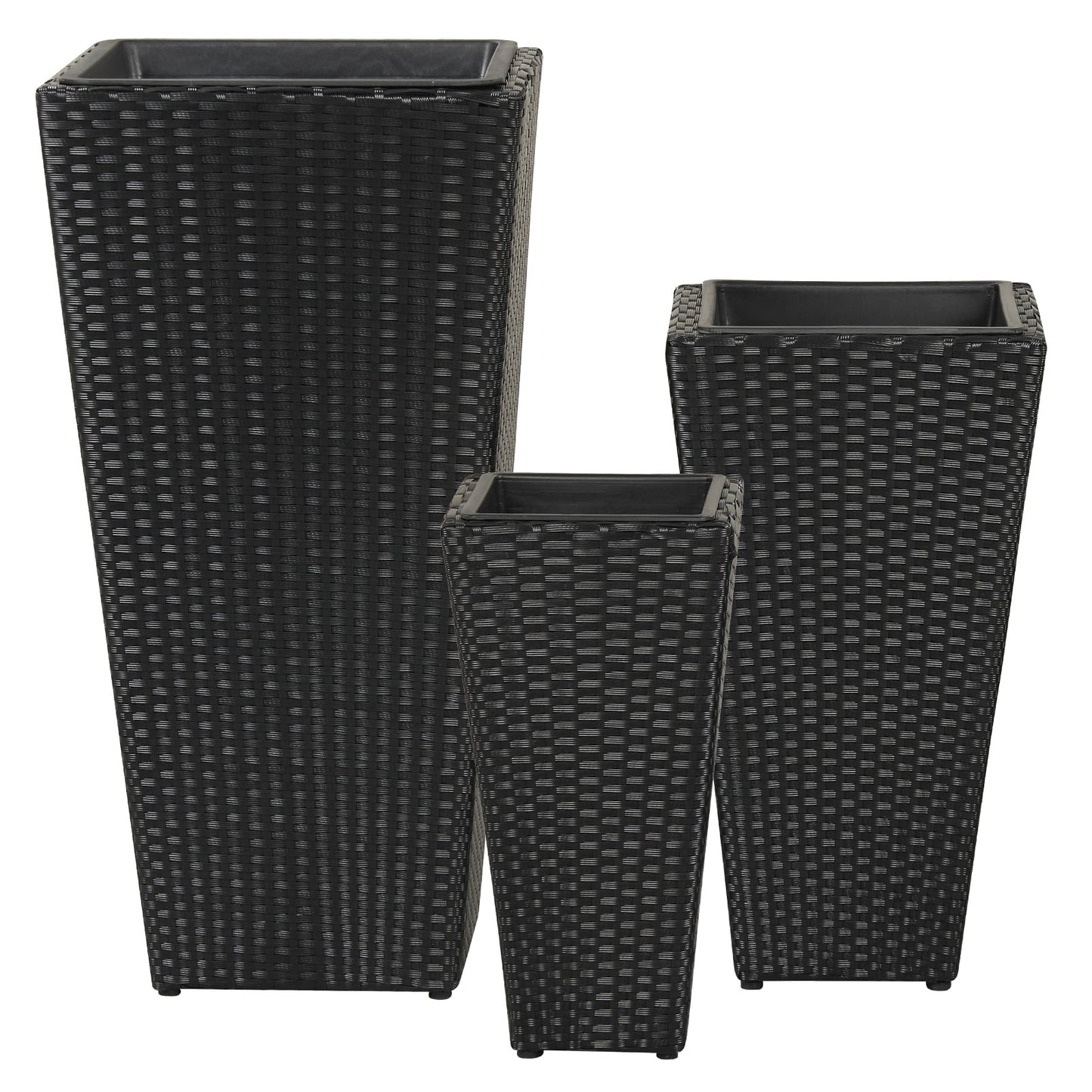 3-Piece Wicker Planters Tapered PP Rattan Plant Boxes with Plastic Flower Pots-Black