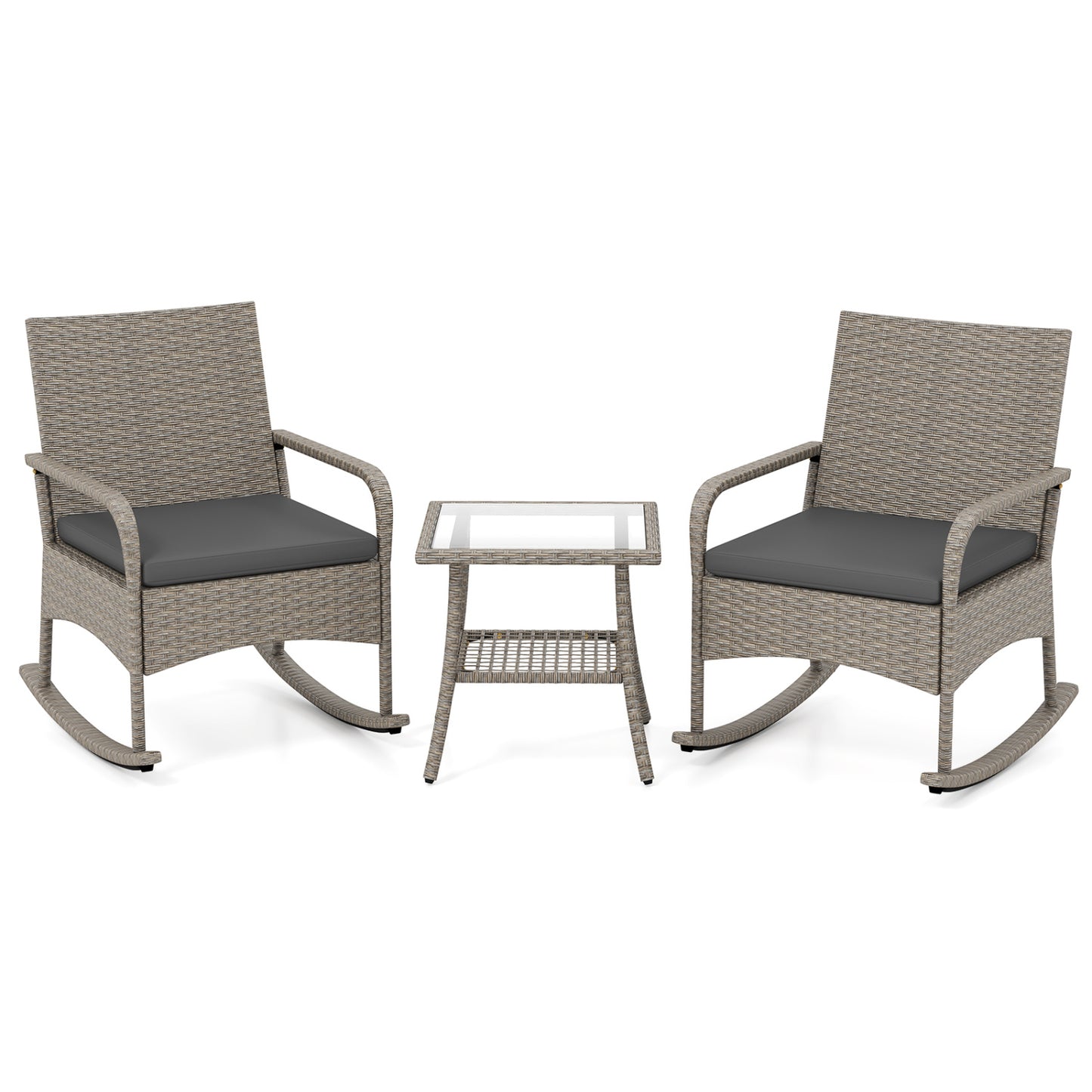 3-Piece Wicker Rocking Bistro Set with Cushions for Garden Backyard Porch-Gray