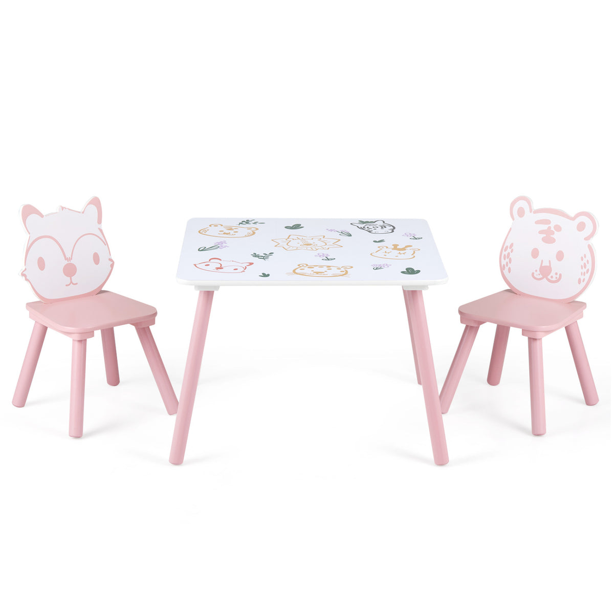 Three-piece kids table and chairs set with colorful animal patterns for toddlers, designed for children's play and activity space.