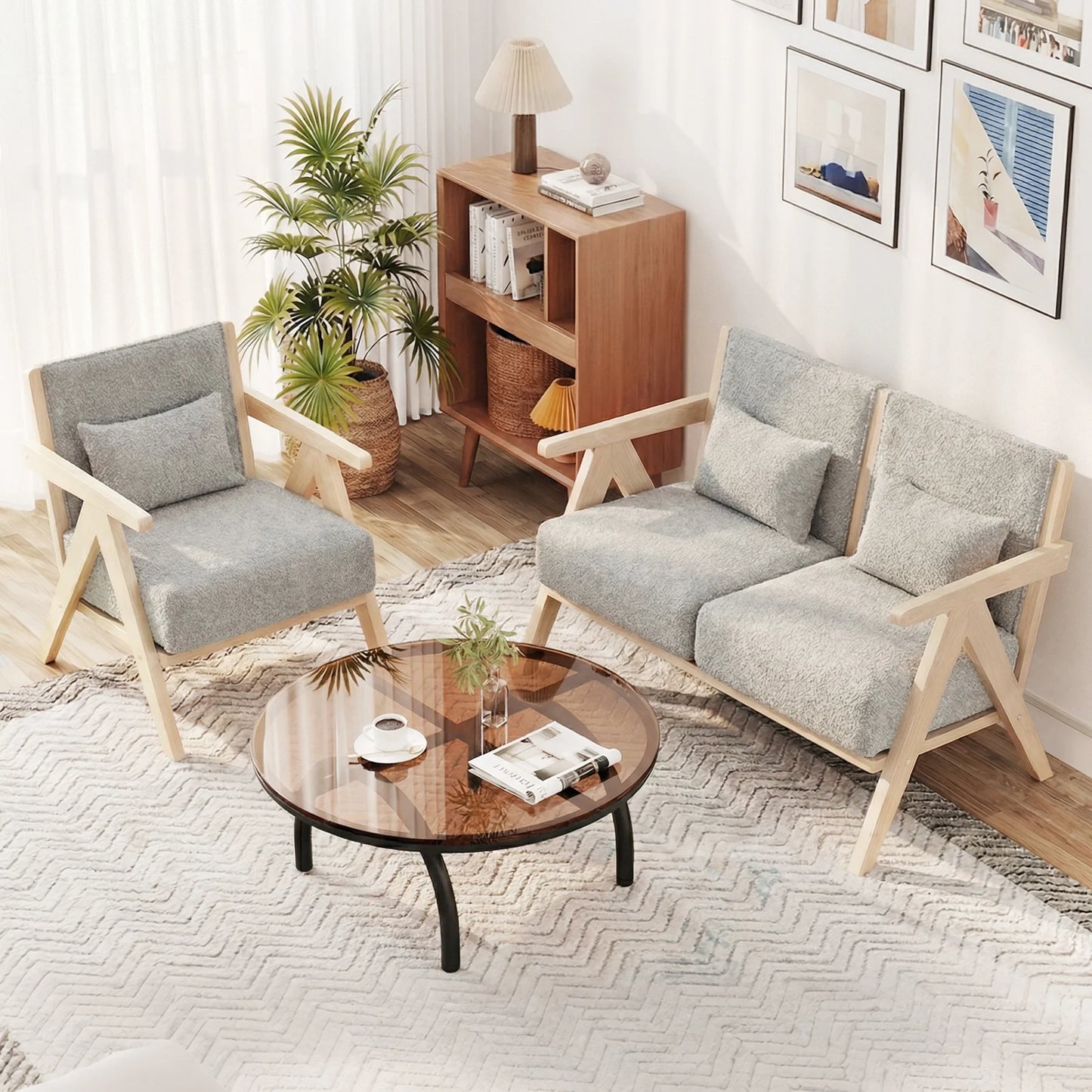 3 Pieces Living Room Furniture Set with Rubber Wood Frame-Brown