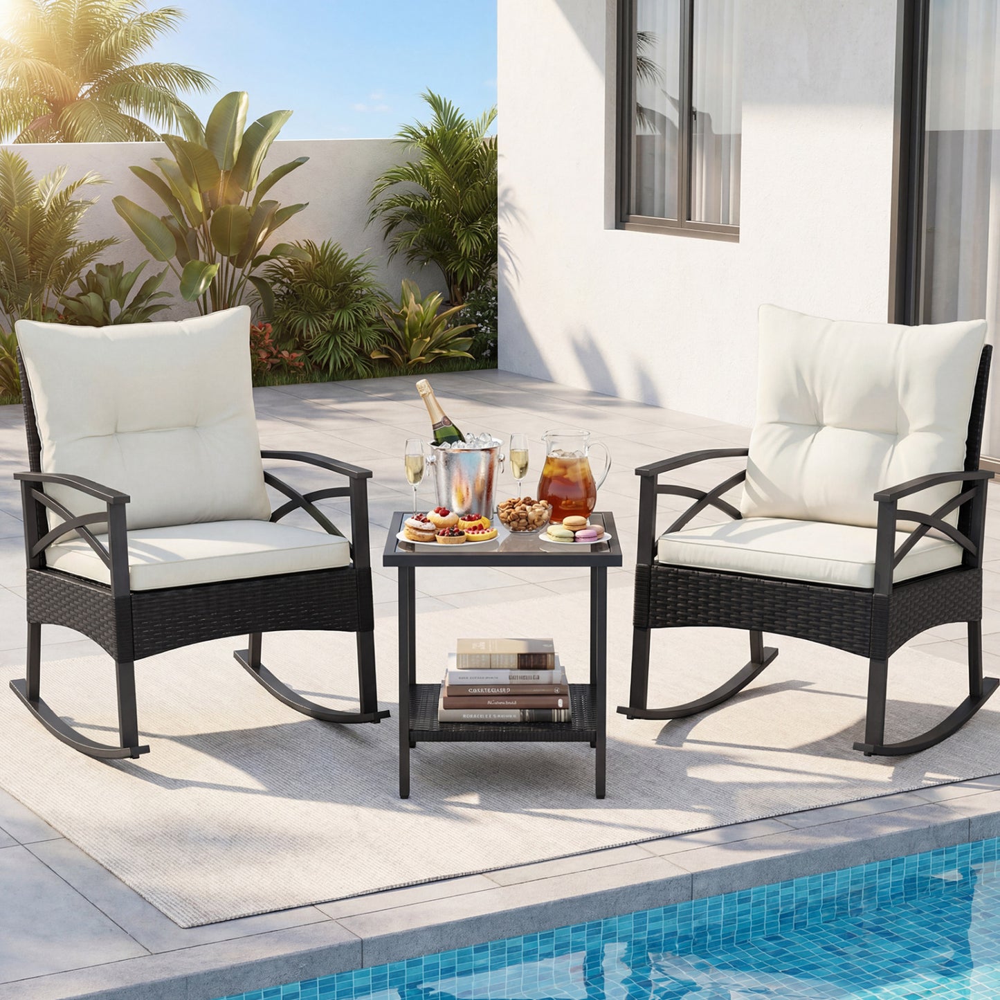 3 Pieces Outdoor Rattan Rocking Chairs Set with 2-Tier Side Table for Garden Backyard-Black