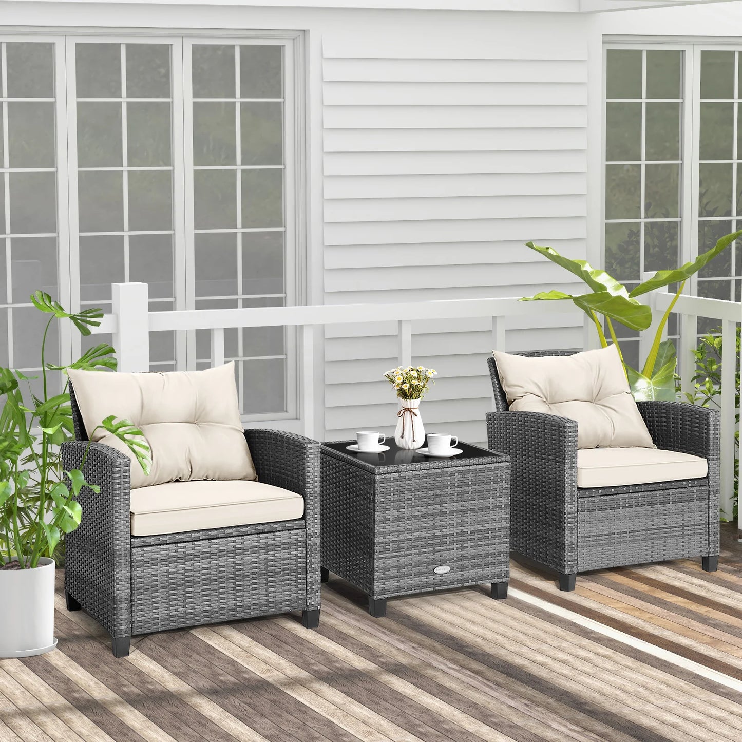 3 Pieces Outdoor Wicker Conversation Set with Tempered Glass Tabletop-Beige