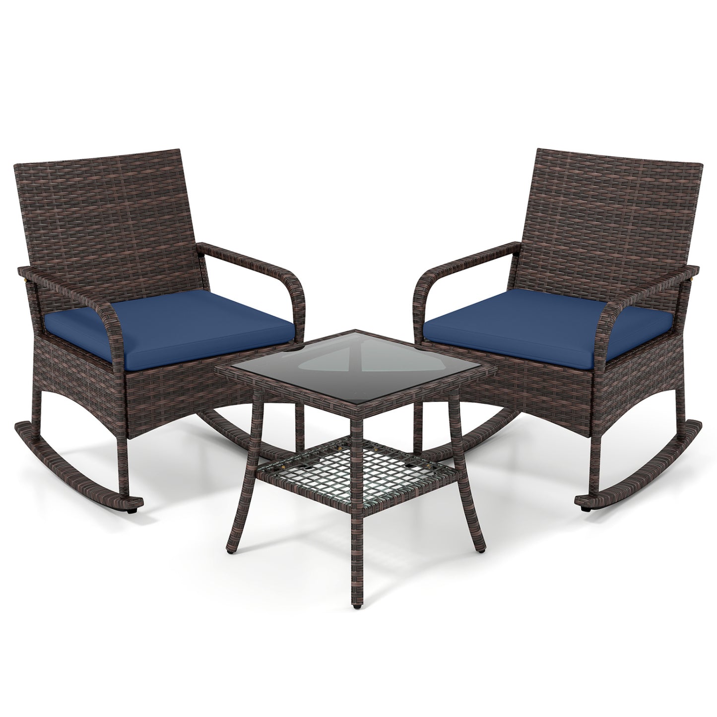 3 Pieces PE Wicker Rocking Bistro Set with 2-Tier Side Table Cushions and Ergonomic Armchairs for Porch-Black